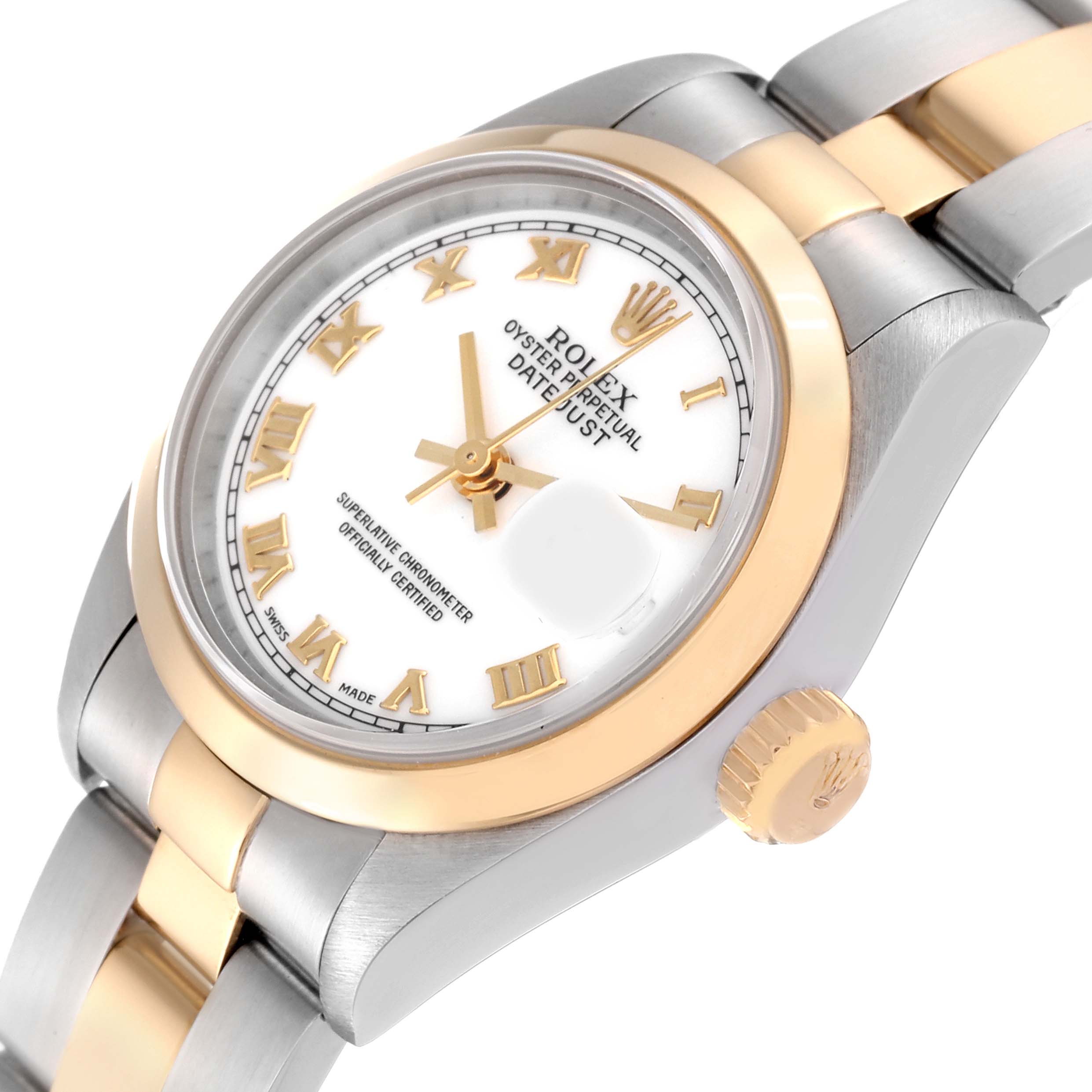 The image shows a close-up, angled view of the Rolex Datejust 69163 Women's Steel and Gold (two tone) White Dial 69163 Women's Steel and Gold (two tone) White Dial watch's face, crown, and part of the bracelet.