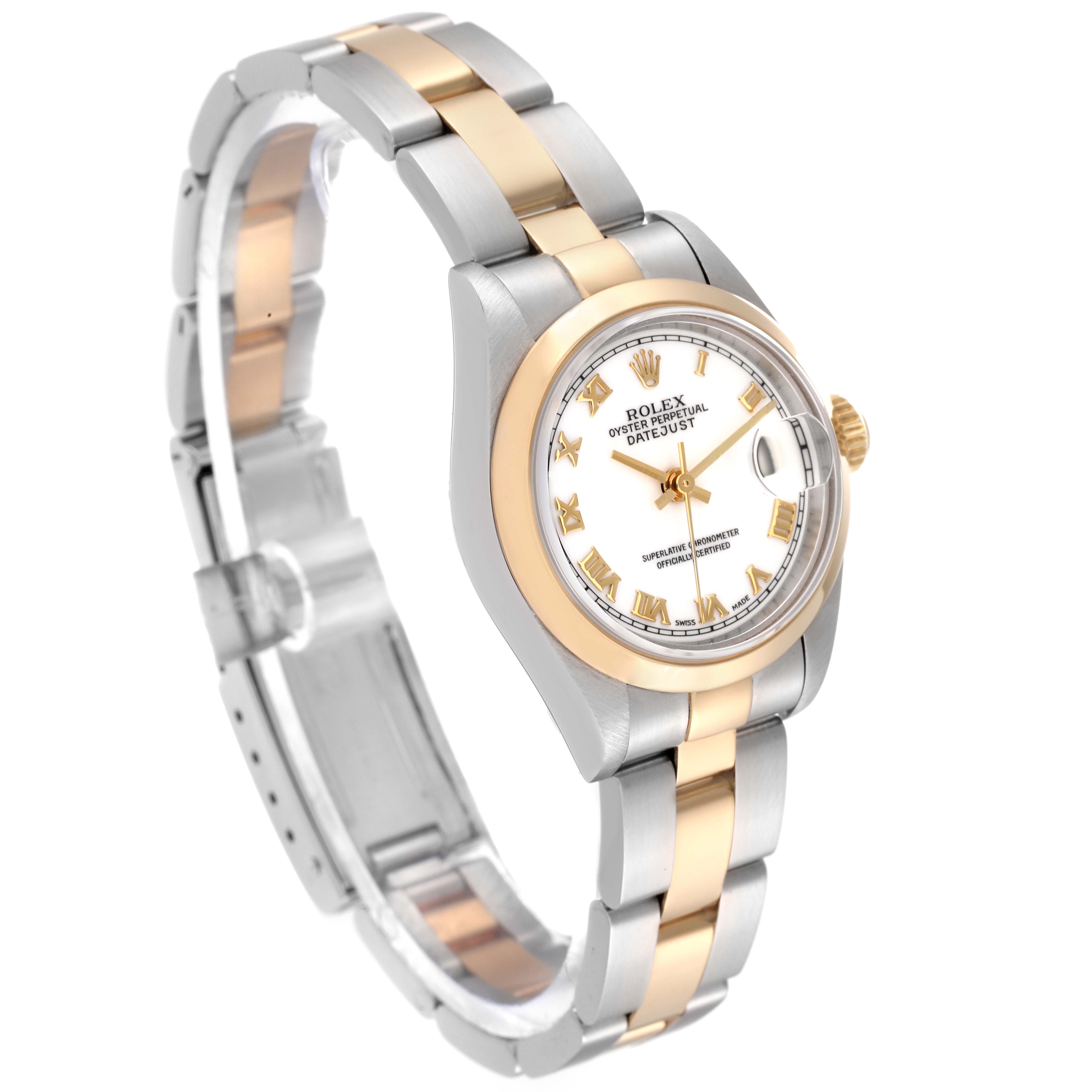 The image shows a side and partial top view of a Rolex Datejust 69163 Women's Steel and Gold (two tone) White Dial 69163 Women's Steel and Gold (two tone) White Dial watch, highlighting its two-tone bracelet and dial.