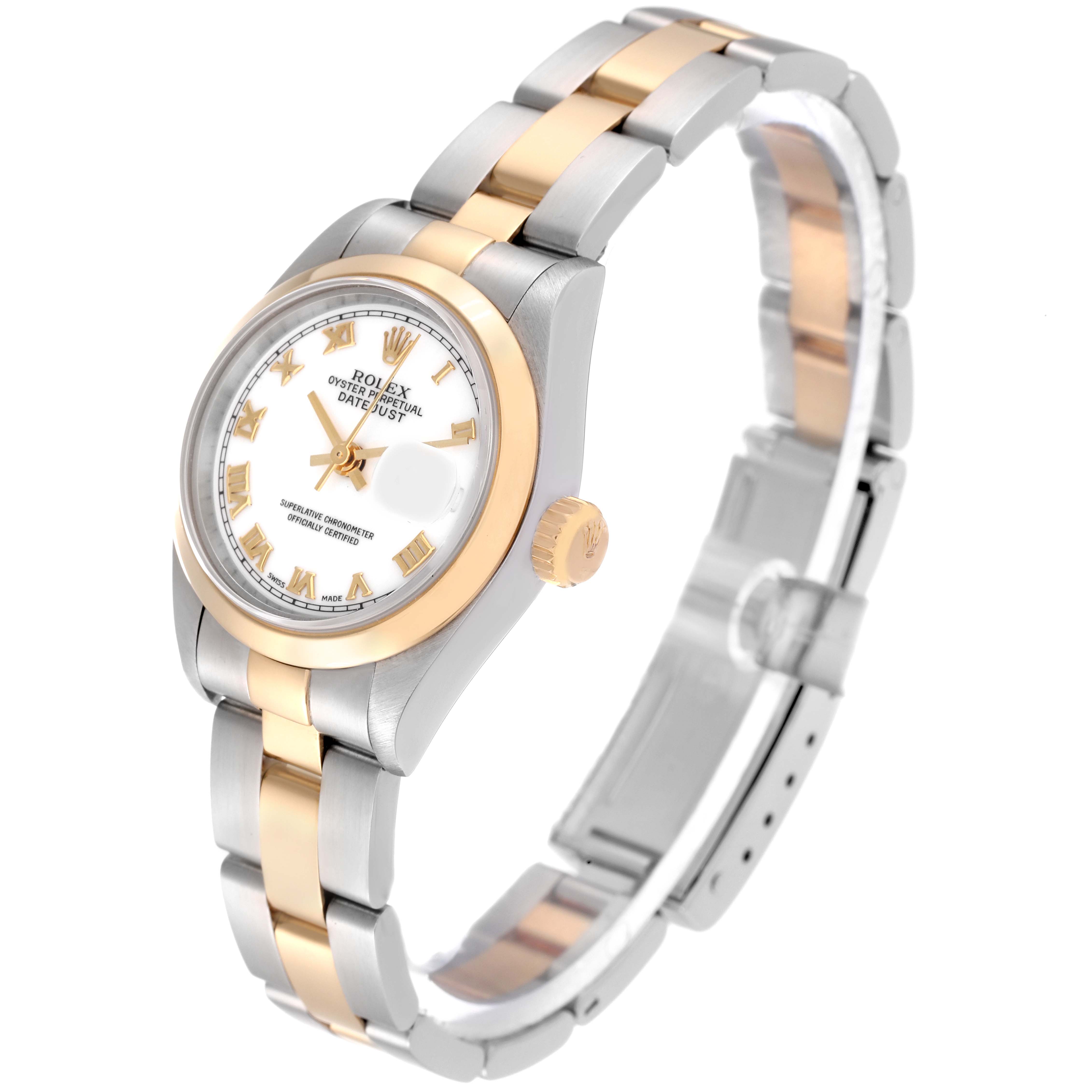 The image shows a Rolex Datejust 69163 Women's Steel and Gold (two tone) White Dial 69163 Women's Steel and Gold (two tone) White Dial watch at a side angle, highlighting its two-tone bracelet, crown, and face details.