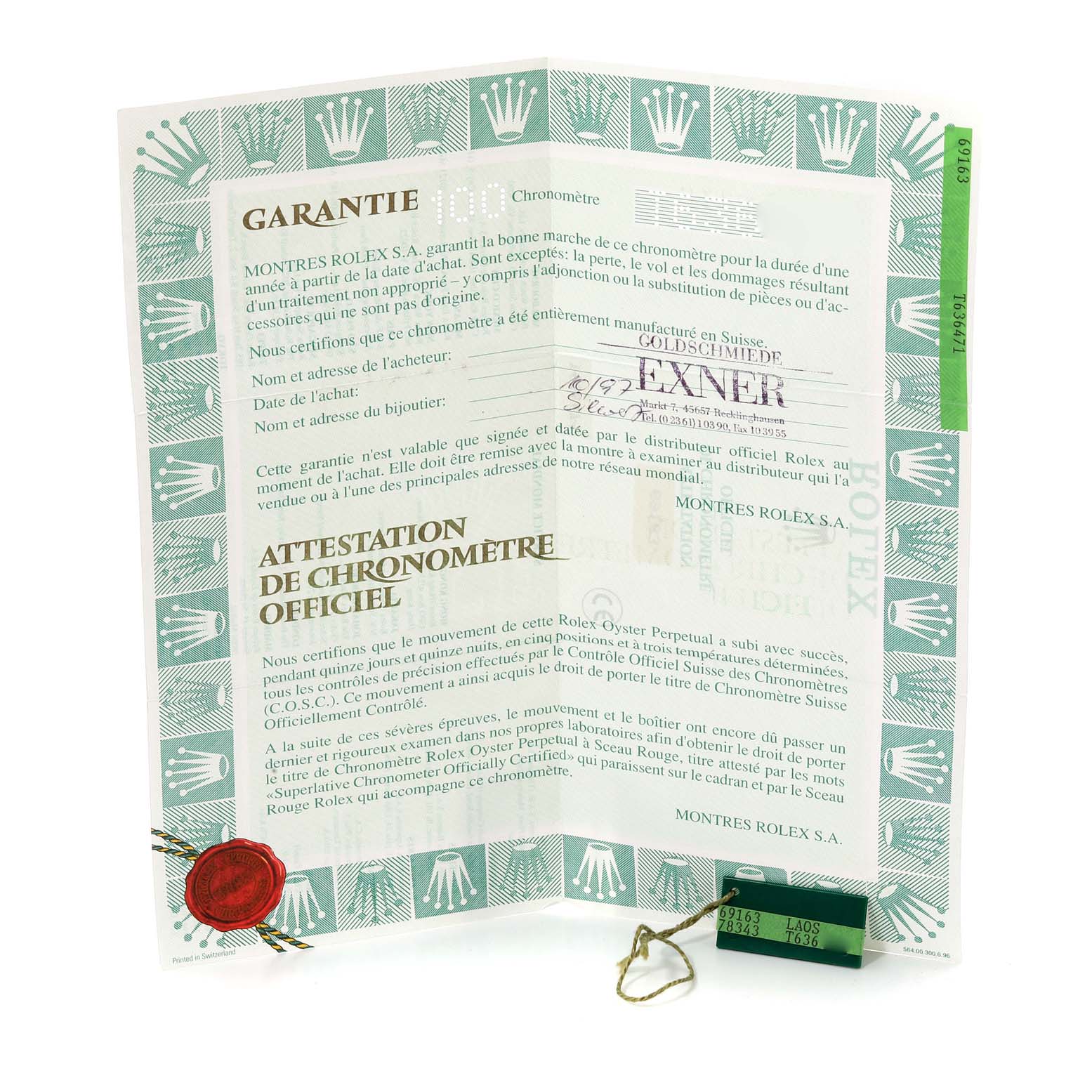 The image shows the warranty card for a Rolex Datejust 69163 Women's Steel and Gold (two tone) White Dial 69163 Women's Steel and Gold (two tone) White Dial watch, including certification documents and a red wax seal.