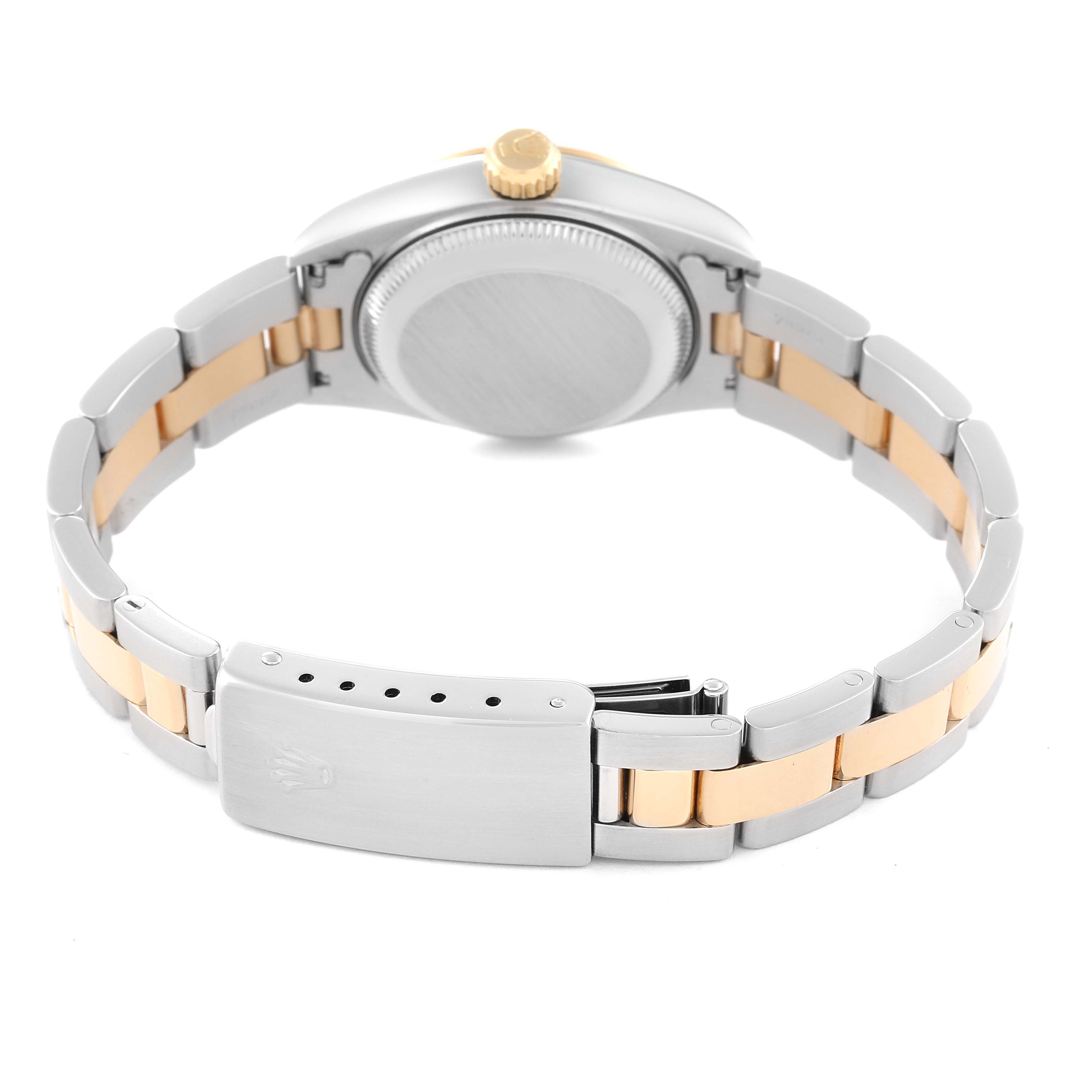The back view of the Rolex Datejust 69163 Women's Steel and Gold (two tone) White Dial 69163 Women's Steel and Gold (two tone) White Dial watch shows the clasp, bracelet, case back, and crown.