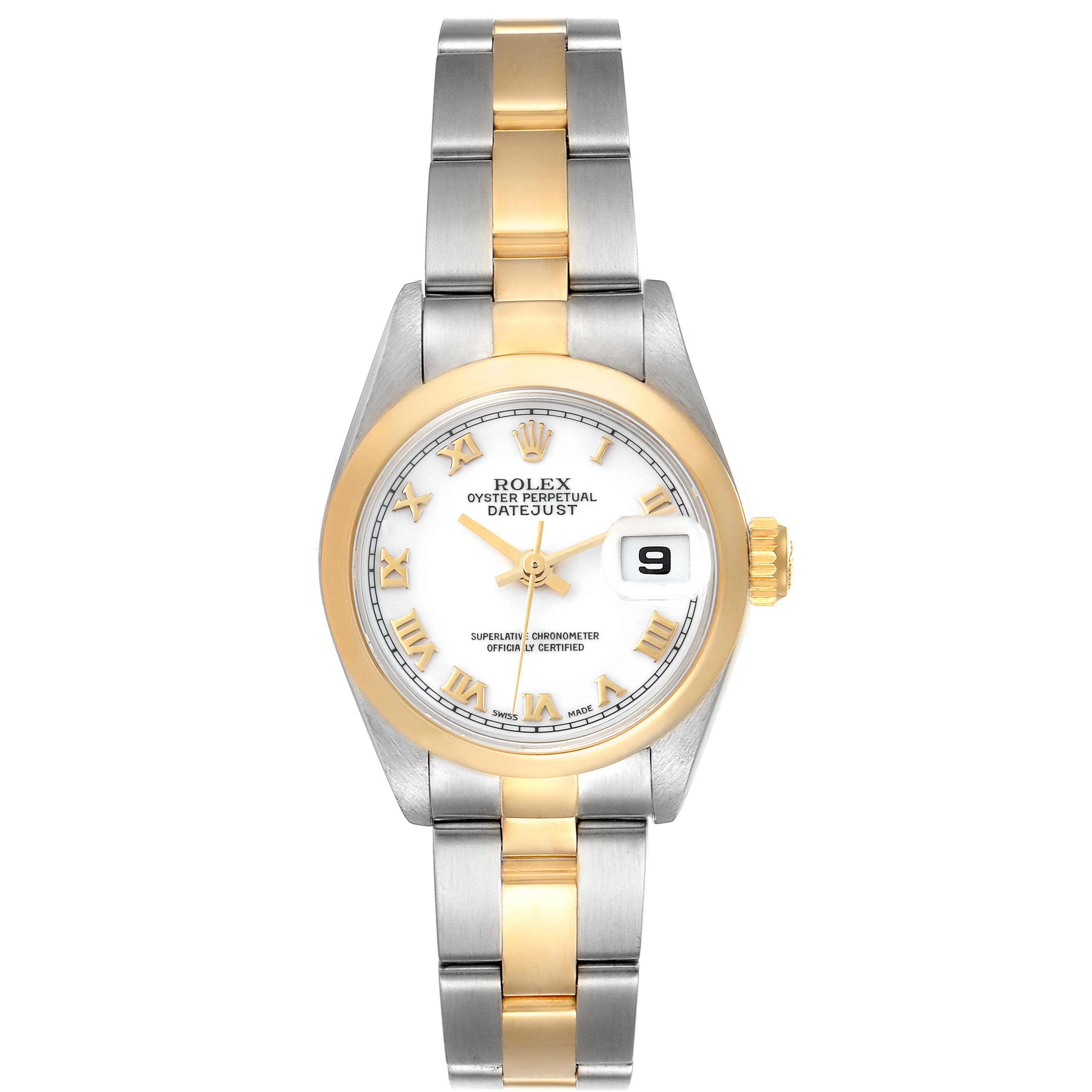 The Rolex Datejust 69163 Women's Steel and Gold (two tone) White Dial 69163 Women's Steel and Gold (two tone) White Dial watch is shown from the front, displaying its dial, case, and bicolor bracelet.