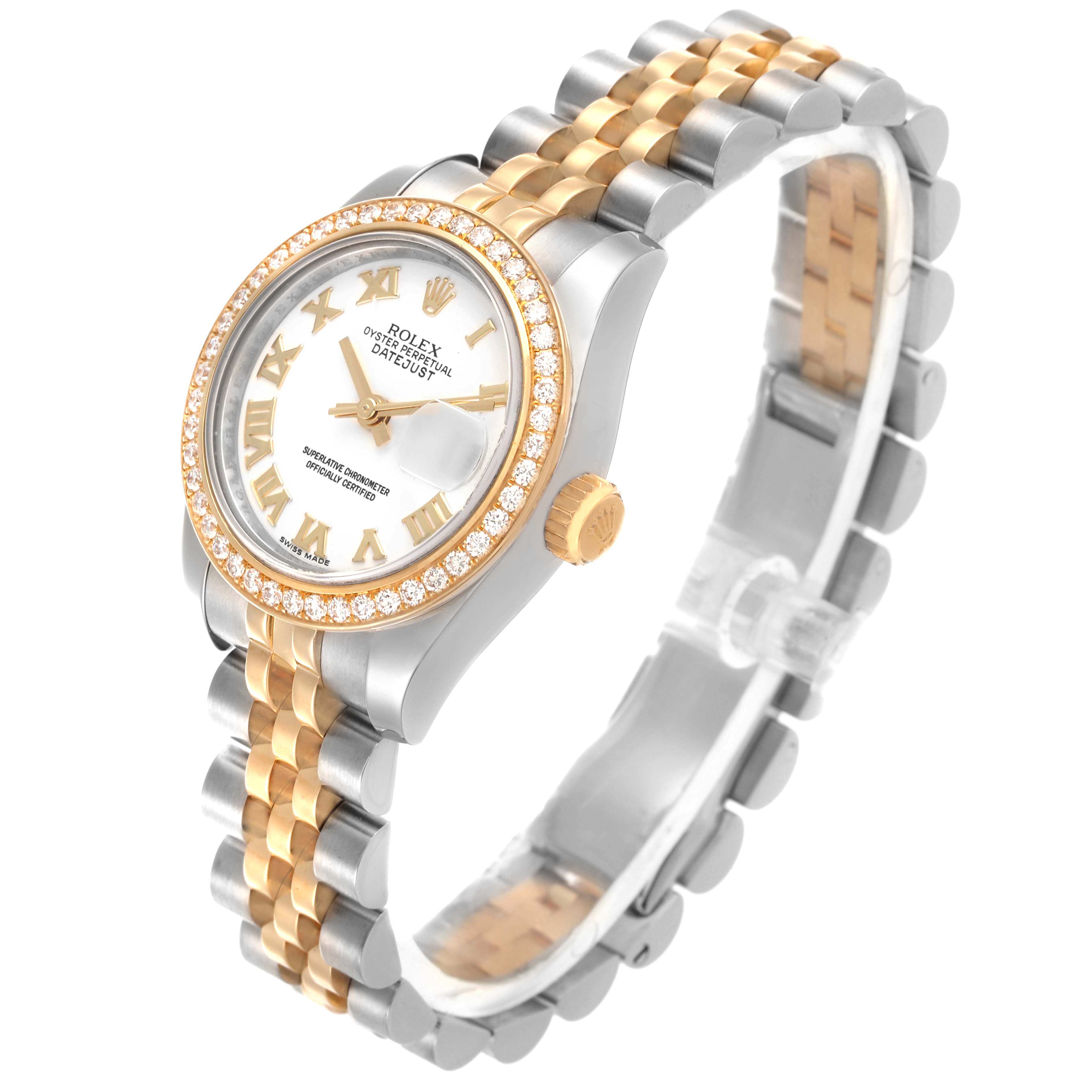 The Rolex Datejust 179383 Women's Steel and Gold (two tone) White Dial 179383 Women's Steel and Gold (two tone) White Dial watch is shown at an angled side view, highlighting the dial, bezel, crown, and bracelet.