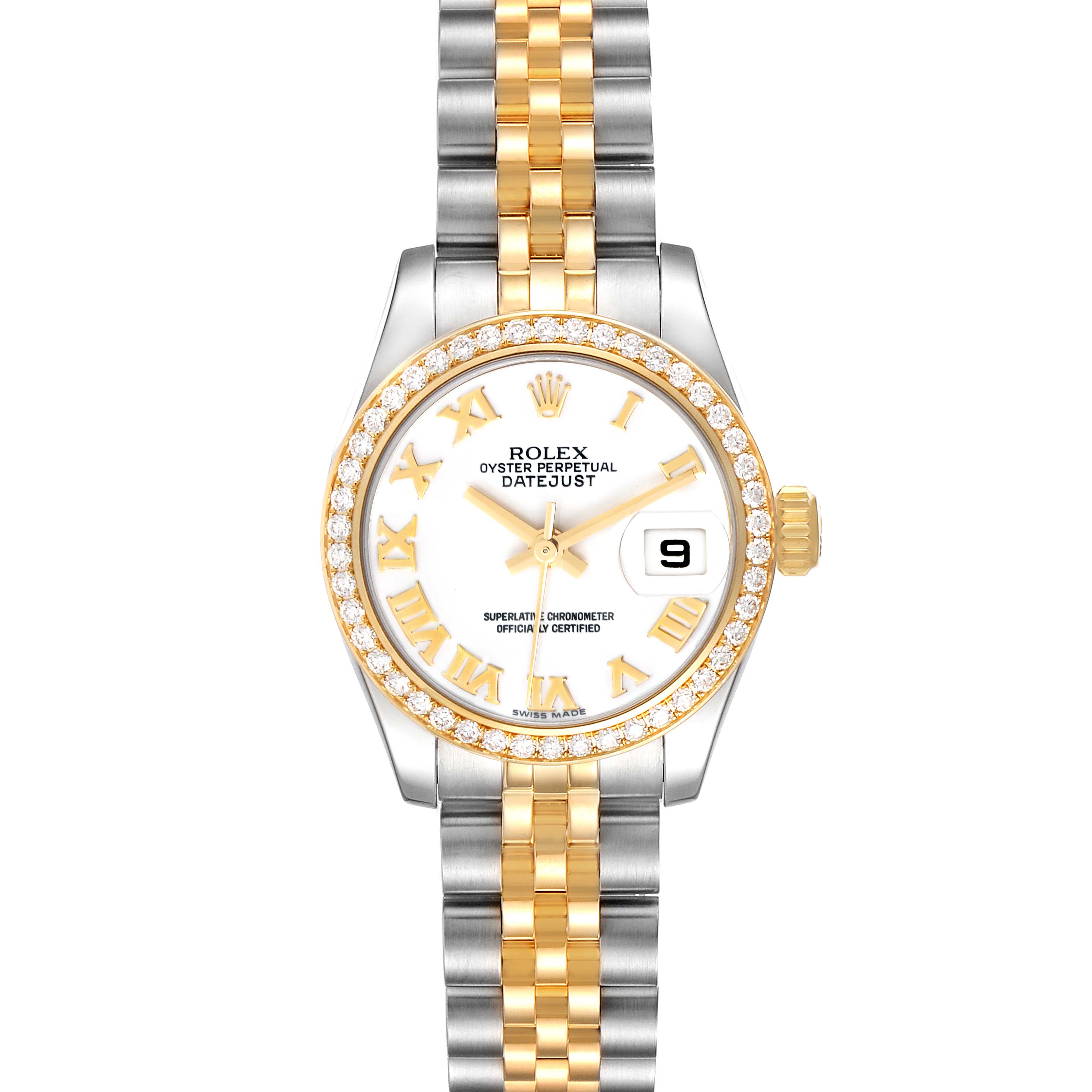 The Rolex Datejust 179383 Women's Steel and Gold (two tone) White Dial 179383 Women's Steel and Gold (two tone) White Dial watch is shown from a top-down angle, displaying the face, bezel, and bracelet.