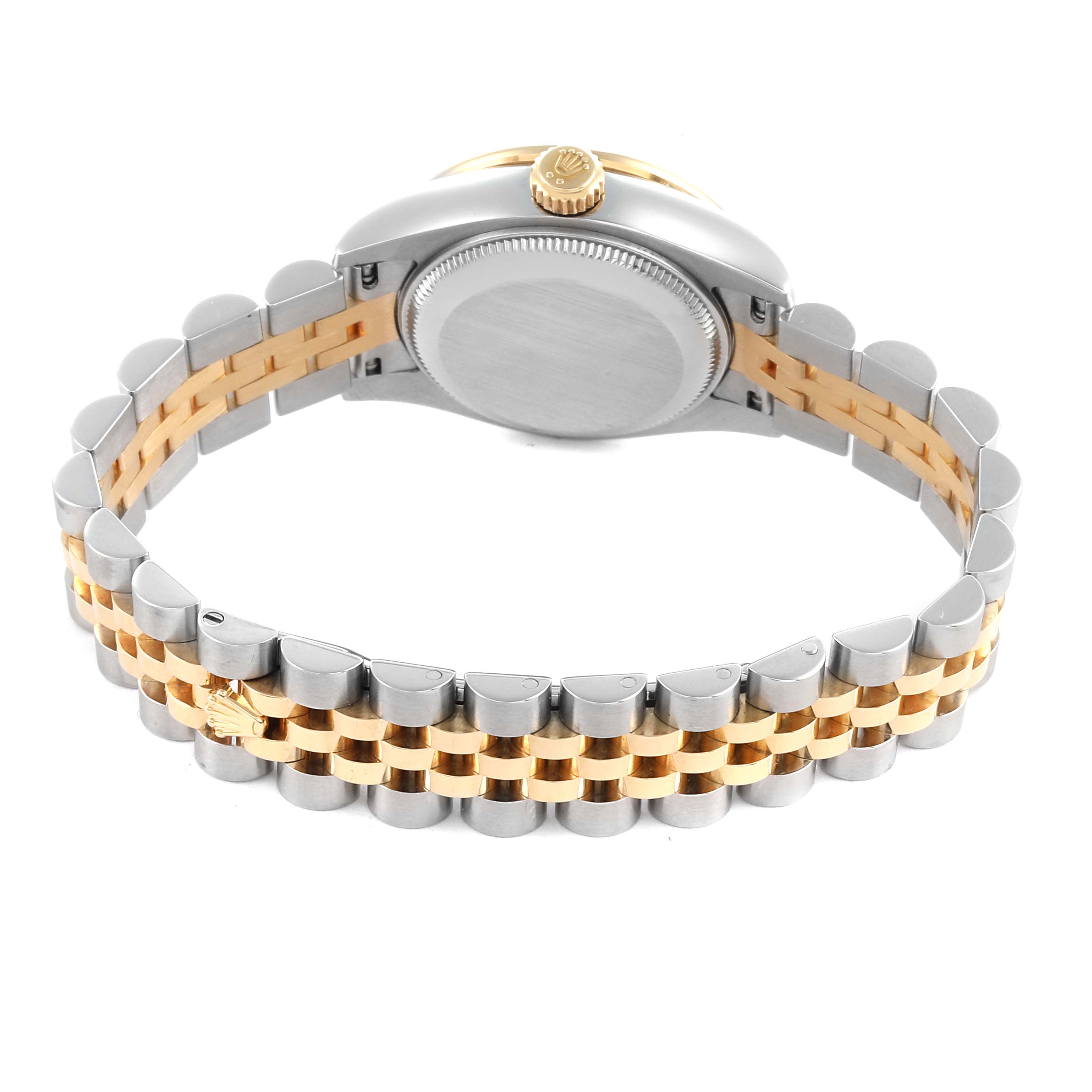 The Rolex Datejust 179383 Women's Steel and Gold (two tone) White Dial 179383 Women's Steel and Gold (two tone) White Dial watch is shown from the back, highlighting the caseback and two-tone bracelet.