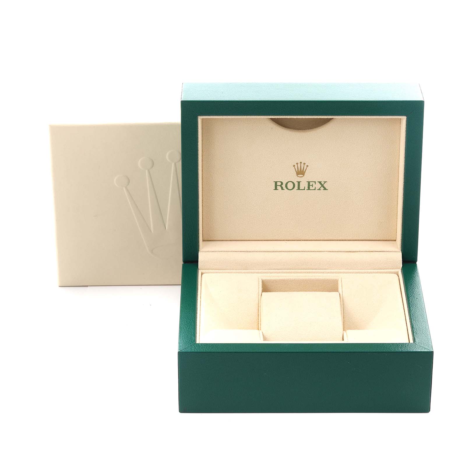 The image shows an open Rolex Datejust 179383 Women's Steel and Gold (two tone) White Dial 179383 Women's Steel and Gold (two tone) White Dial watch box, featuring its green exterior and cushioned beige interior.