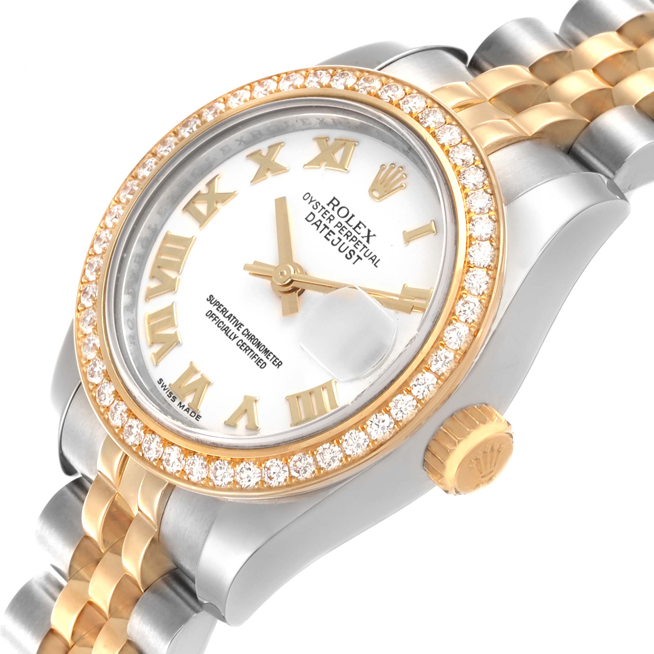 The Rolex Datejust 179383 Women's Steel and Gold (two tone) White Dial 179383 Women's Steel and Gold (two tone) White Dial watch shows a close-up of the face, bezel, and bracelet at a three-quarter angle.