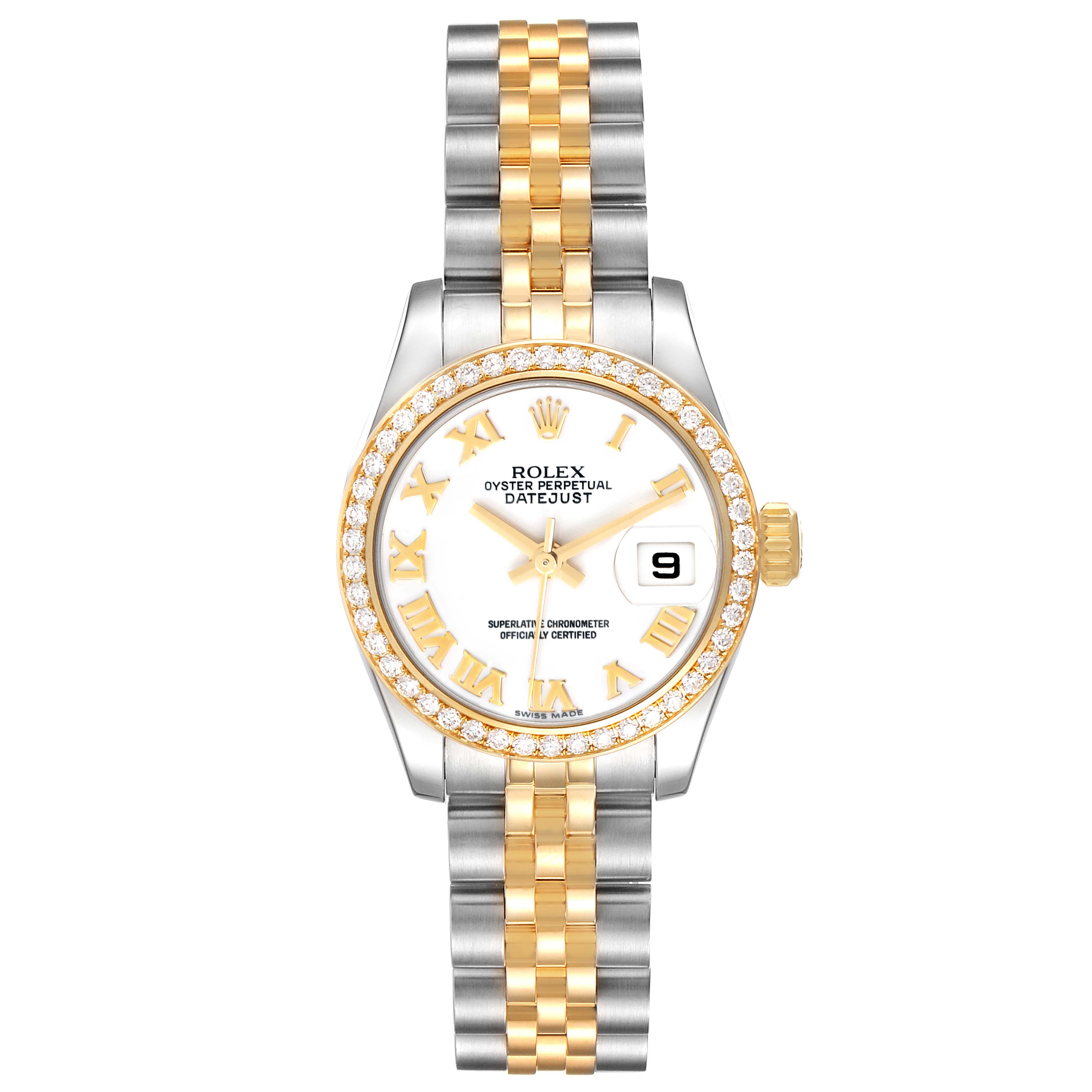 The Rolex Datejust 179383 Women's Steel and Gold (two tone) White Dial 179383 Women's Steel and Gold (two tone) White Dial watch is shown from a top-down angle, displaying the dial, bezel, and two-tone bracelet clearly.