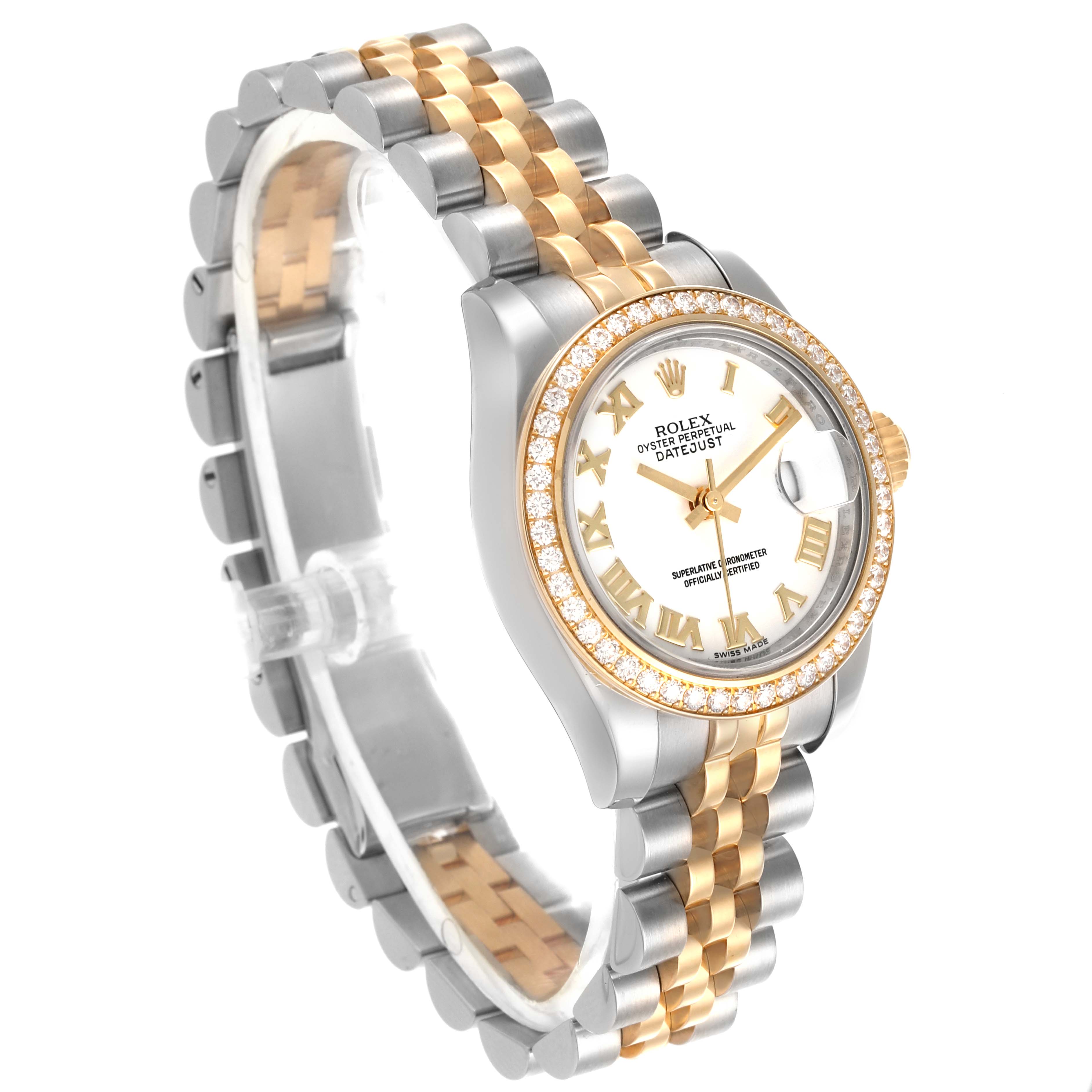 The Rolex Datejust 179383 Women's Steel and Gold (two tone) White Dial 179383 Women's Steel and Gold (two tone) White Dial watch is shown at an angled view, highlighting the face, bezel, and bracelet.