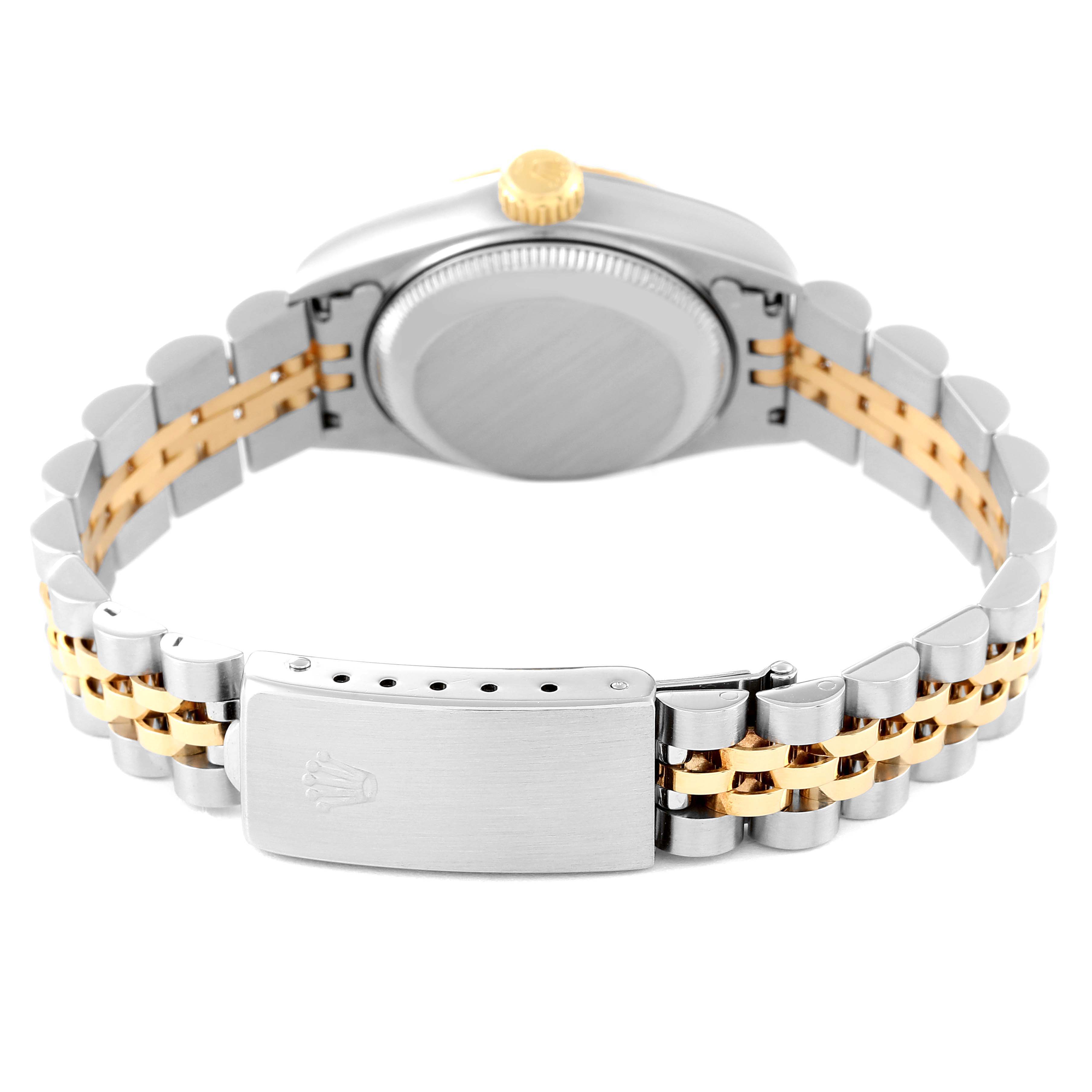 The image shows the back side and clasp of a Rolex Datejust 69173 Women's Steel and Gold (two tone) White Dial 69173 Women's Steel and Gold (two tone) White Dial watch, featuring a two-tone metal bracelet.