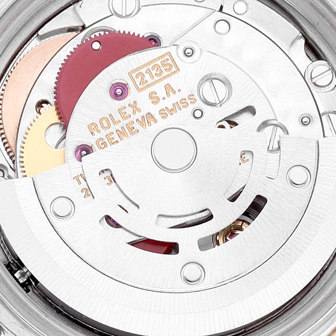 This image shows a close-up view of the movement mechanism inside a Rolex Datejust 69173 Women's Steel and Gold (two tone) White Dial 69173 Women's Steel and Gold (two tone) White Dial watch.