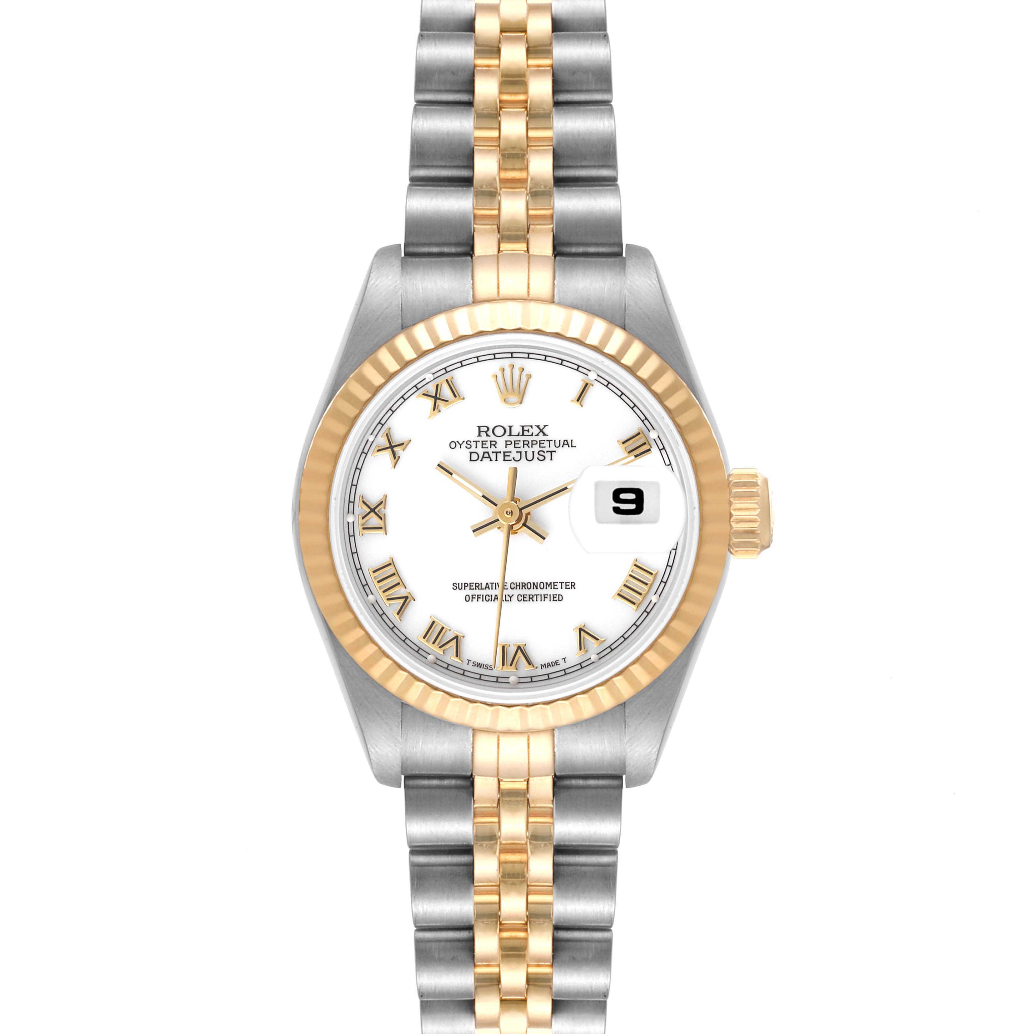 The image shows a front view of a Rolex Datejust 69173 Women's Steel and Gold (two tone) White Dial 69173 Women's Steel and Gold (two tone) White Dial watch, including the dial, bezel, and bracelet.