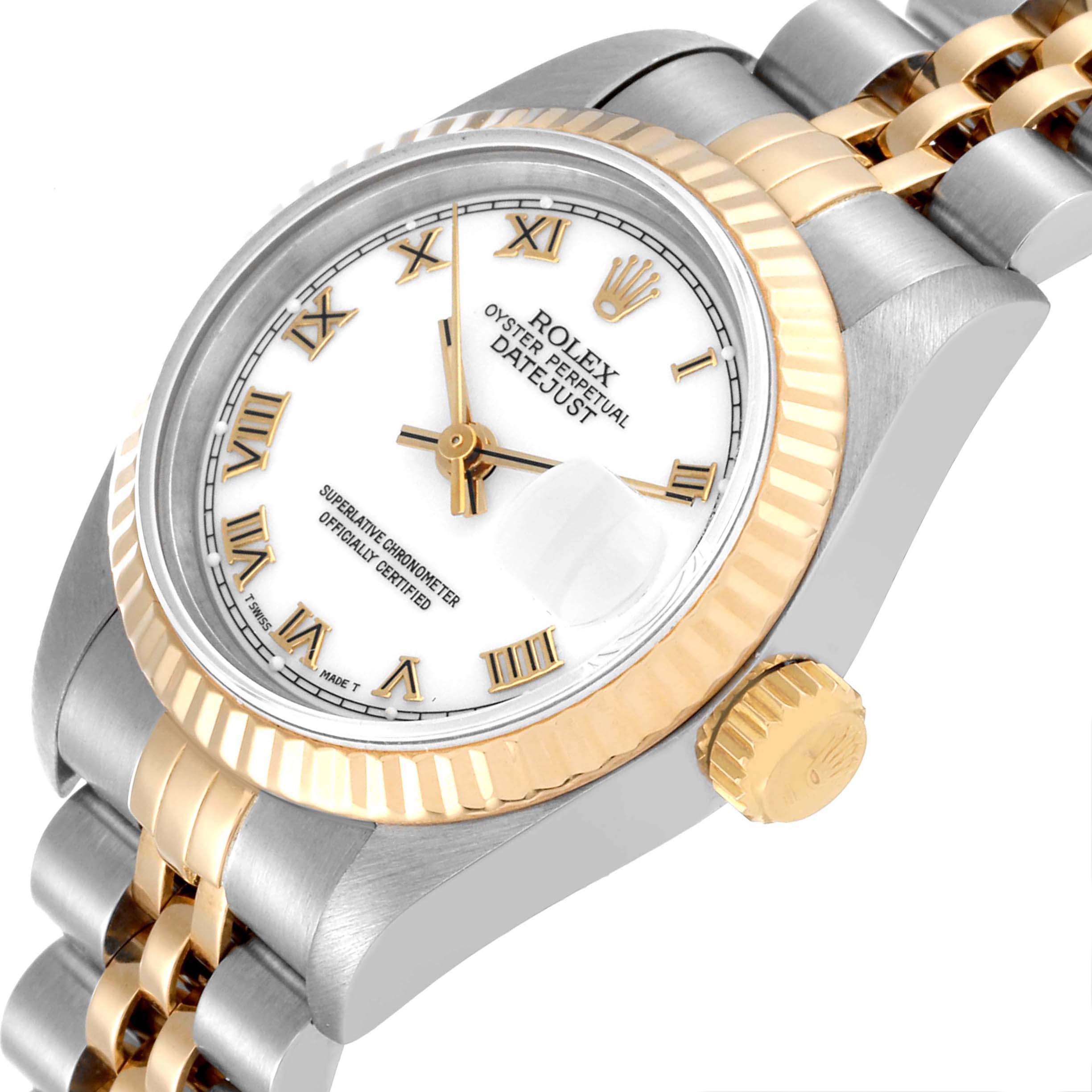 The Rolex Datejust 69173 Women's Steel and Gold (two tone) White Dial 69173 Women's Steel and Gold (two tone) White Dial watch is shown at an angle highlighting the dial, crown, bezel, and part of the bracelet.