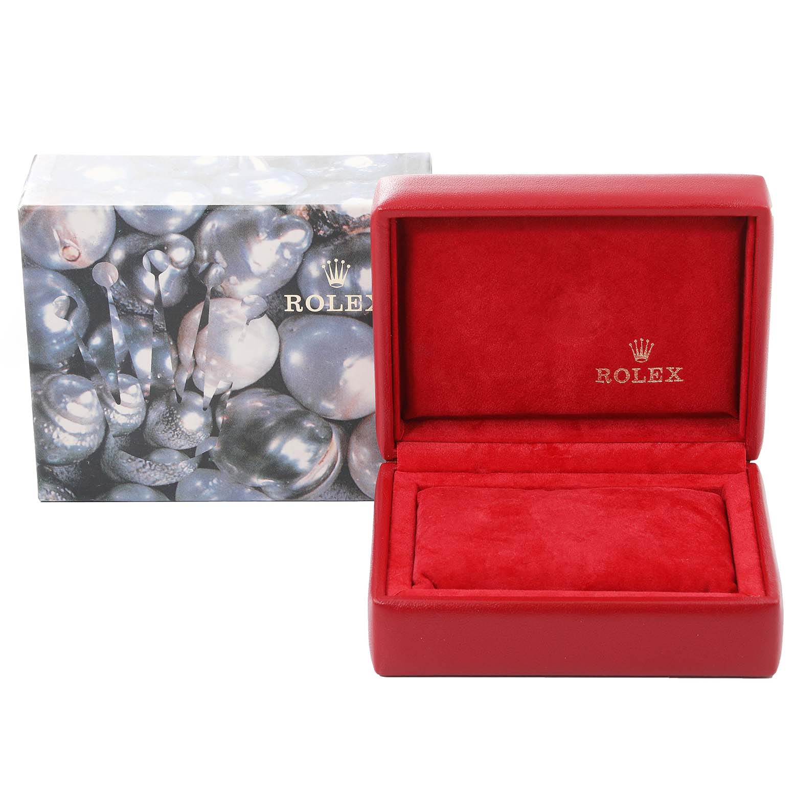 The image shows the open and empty red watch box and outer packaging for a Rolex Datejust 69173 Women's Steel and Gold (two tone) White Dial 69173 Women's Steel and Gold (two tone) White Dial model.