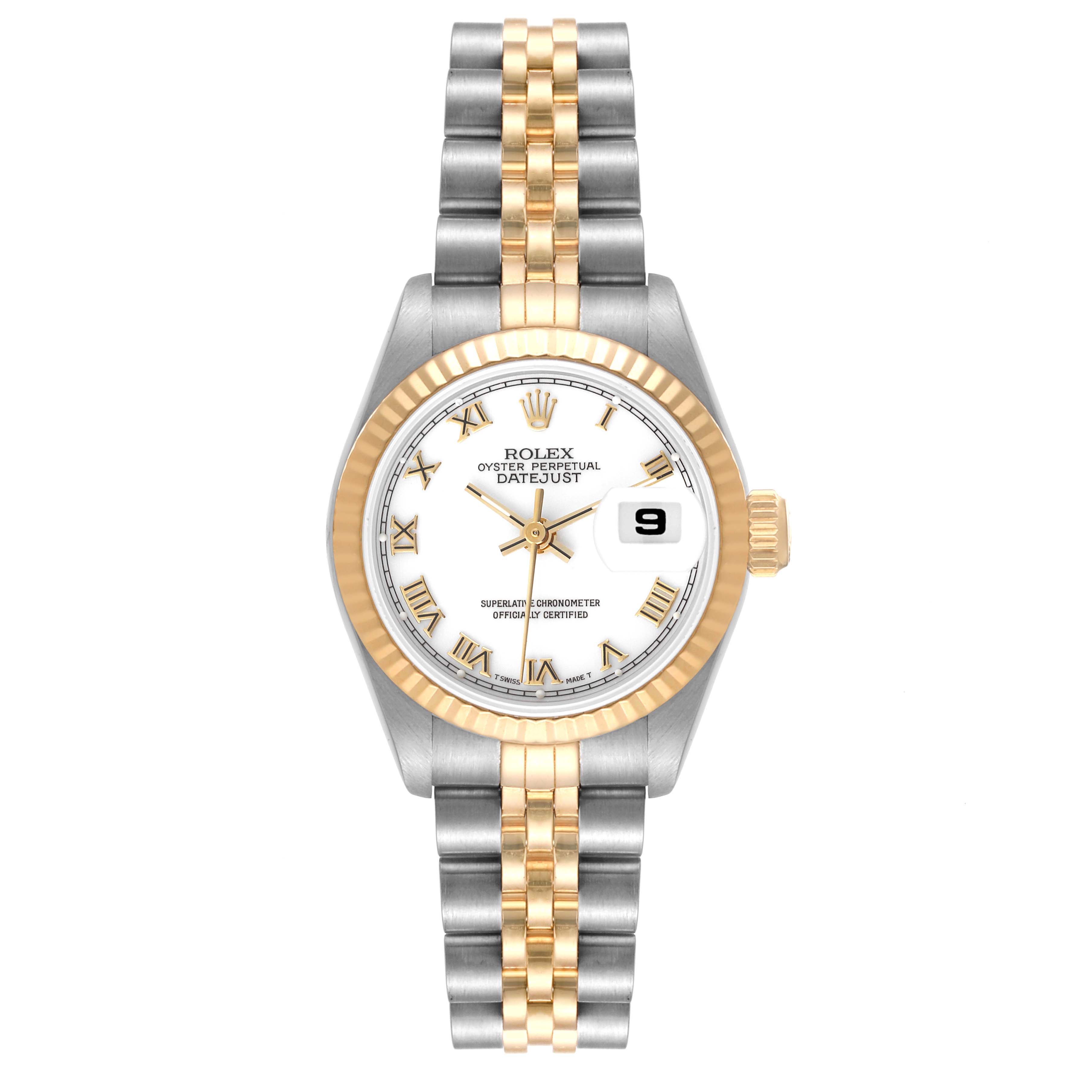 The image shows a front view of a Rolex Datejust 69173 Women's Steel and Gold (two tone) White Dial 69173 Women's Steel and Gold (two tone) White Dial watch featuring a two-tone bracelet and a date display.