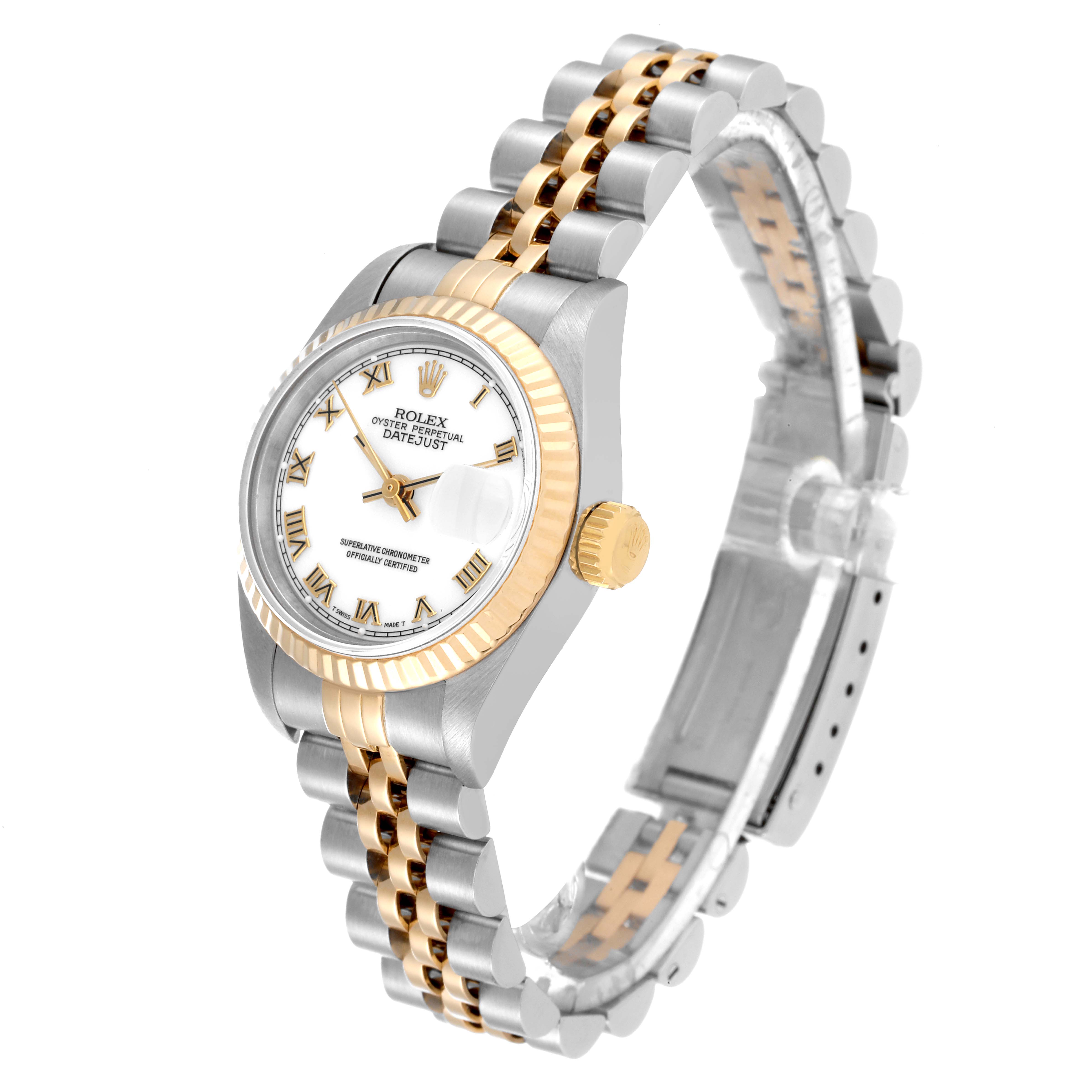The Rolex Datejust 69173 Women's Steel and Gold (two tone) White Dial 69173 Women's Steel and Gold (two tone) White Dial watch is shown at a slight angle, displaying the face, bezel, crown, and part of the bracelet.