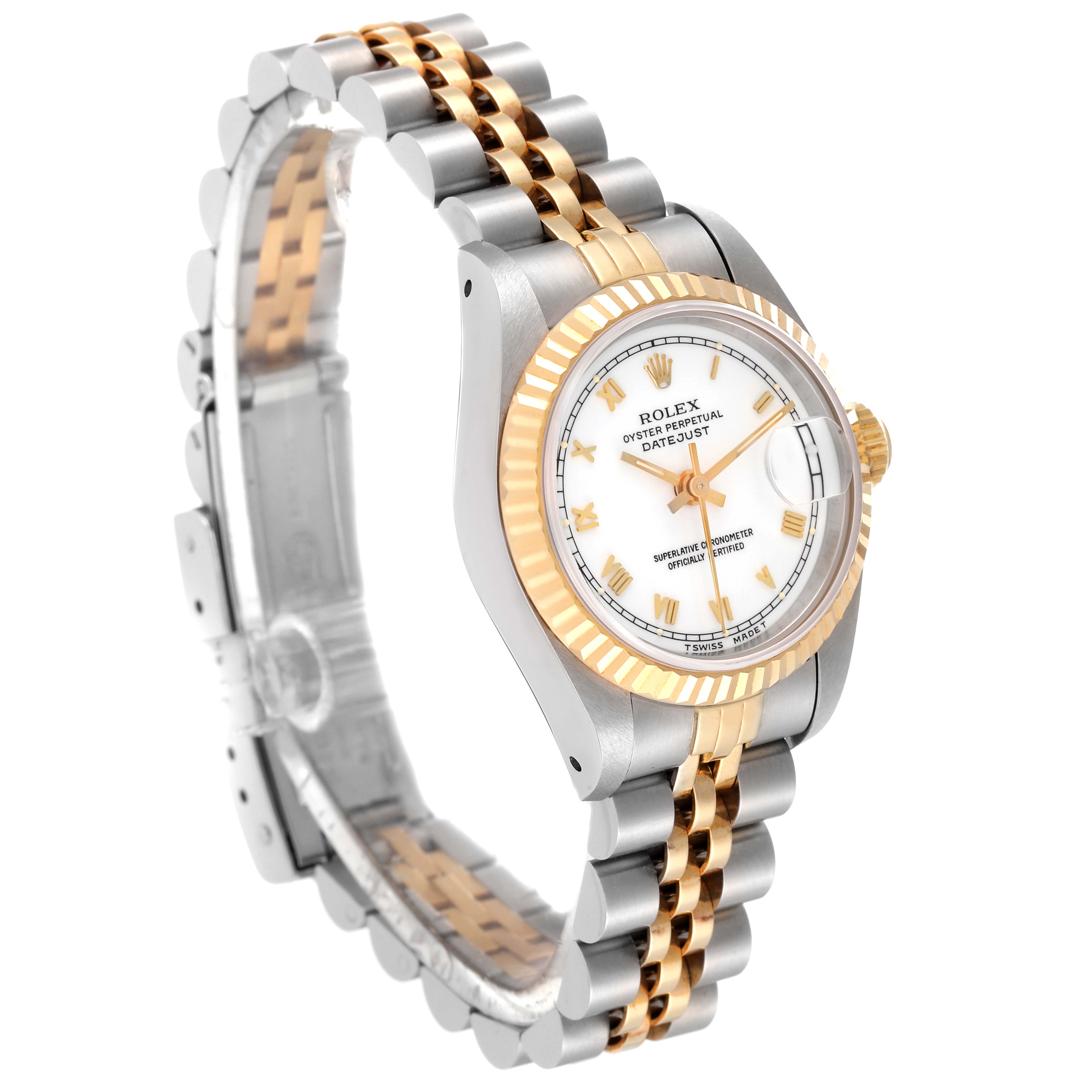 The image shows a Rolex Datejust 69173 Women's Steel and Gold (two tone) White Dial 69173 Women's Steel and Gold (two tone) White Dial watch at a three-quarter angle, highlighting the dial, fluted bezel, and two-tone bracelet.