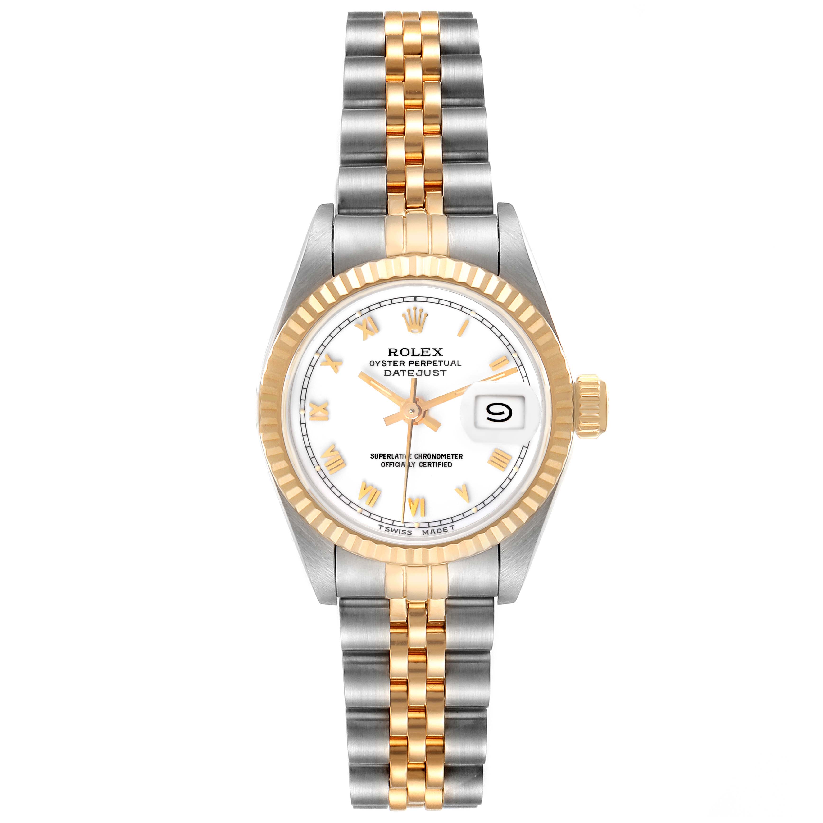 The image shows a front view of the Rolex Datejust 69173 Women's Steel and Gold (two tone) White Dial 69173 Women's Steel and Gold (two tone) White Dial watch, highlighting the bezel, dial, hands, markers, and bracelet.