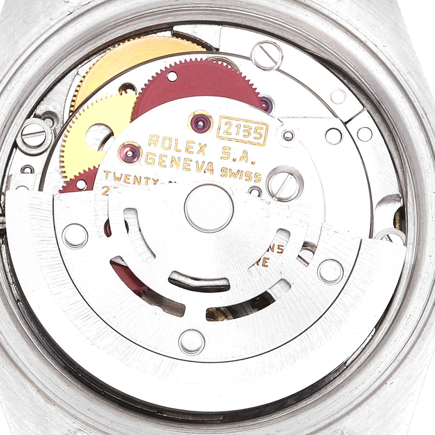 The image shows the internal mechanism and rotor of the Rolex Datejust 69173 Women's Steel and Gold (two tone) White Dial 69173 Women's Steel and Gold (two tone) White Dial model from a back angle.