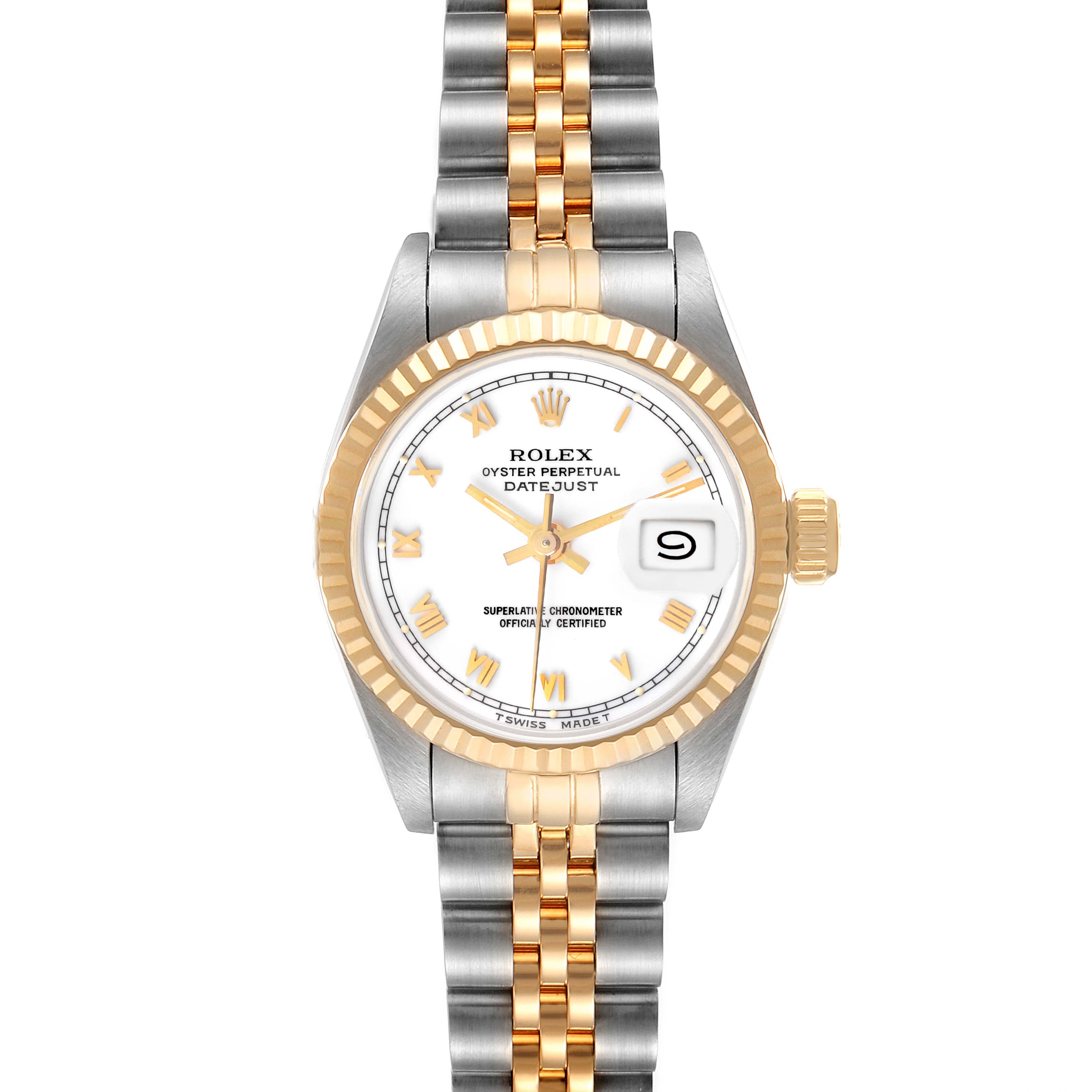 This is a front view of the Rolex Datejust 69173 Women's Steel and Gold (two tone) White Dial 69173 Women's Steel and Gold (two tone) White Dial watch, highlighting the face, bezel, crown, and two-tone bracelet.