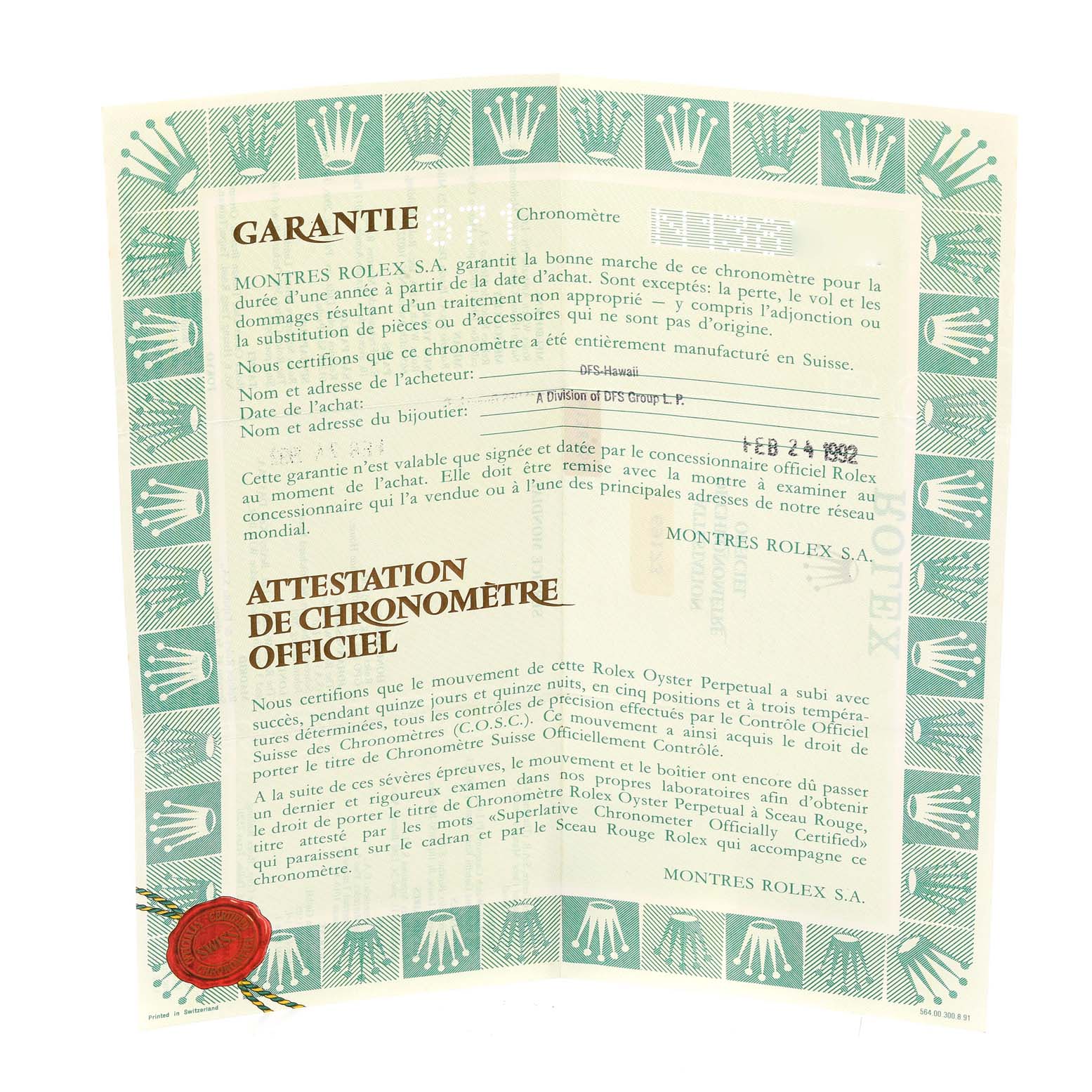 The image shows a warranty and chronometer certification document for the Rolex Datejust 69173 Women's Steel and Gold (two tone) White Dial 69173 Women's Steel and Gold (two tone) White Dial model.