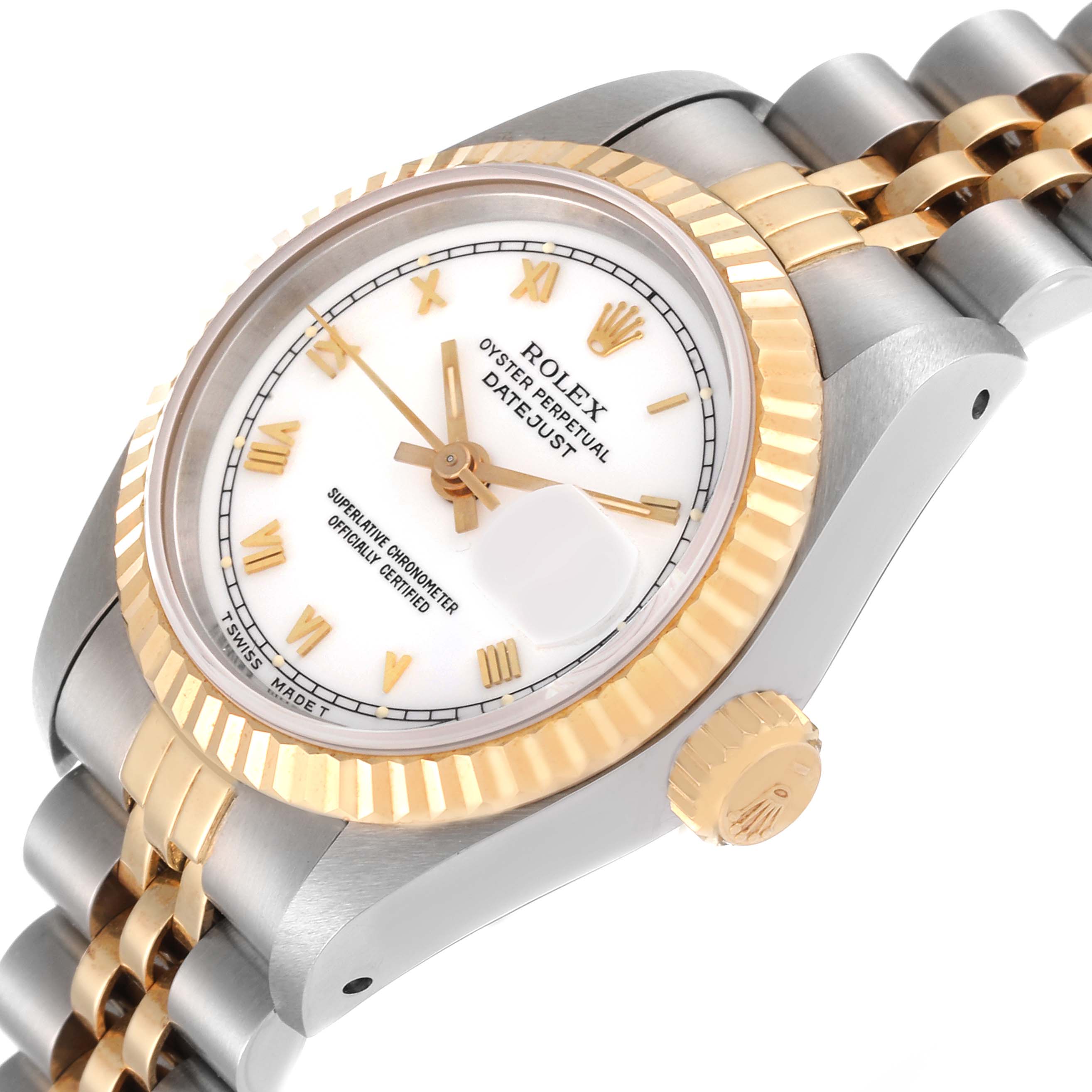 The image shows a close-up angled view of a Rolex Datejust 69173 Women's Steel and Gold (two tone) White Dial 69173 Women's Steel and Gold (two tone) White Dial watch featuring its gold bezel, crown, and part of the bracelet.