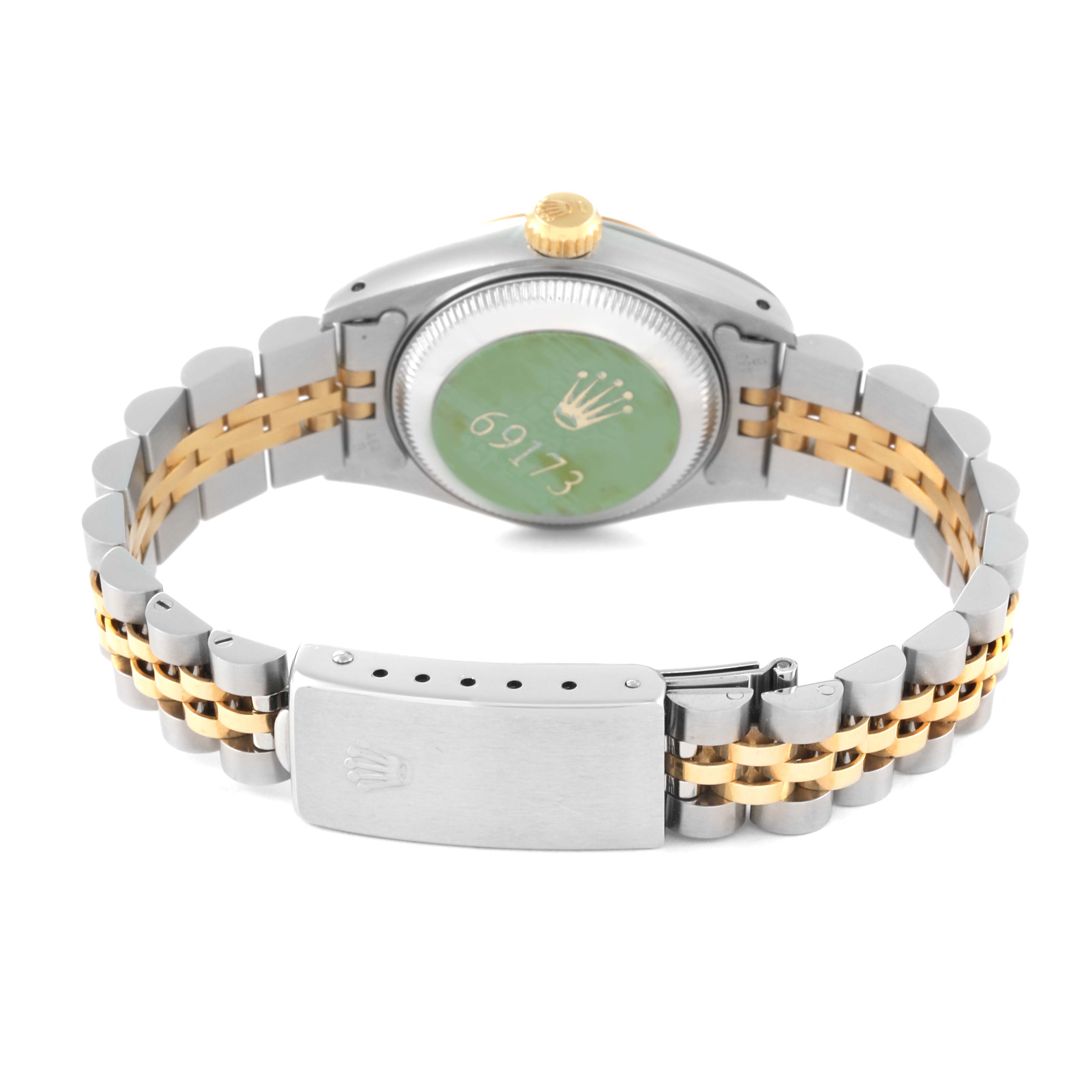 The image shows the back side of a Rolex Datejust 69173 Women's Steel and Gold (two tone) White Dial 69173 Women's Steel and Gold (two tone) White Dial watch, displaying the case back, crown, and the two-tone bracelet with clasp.