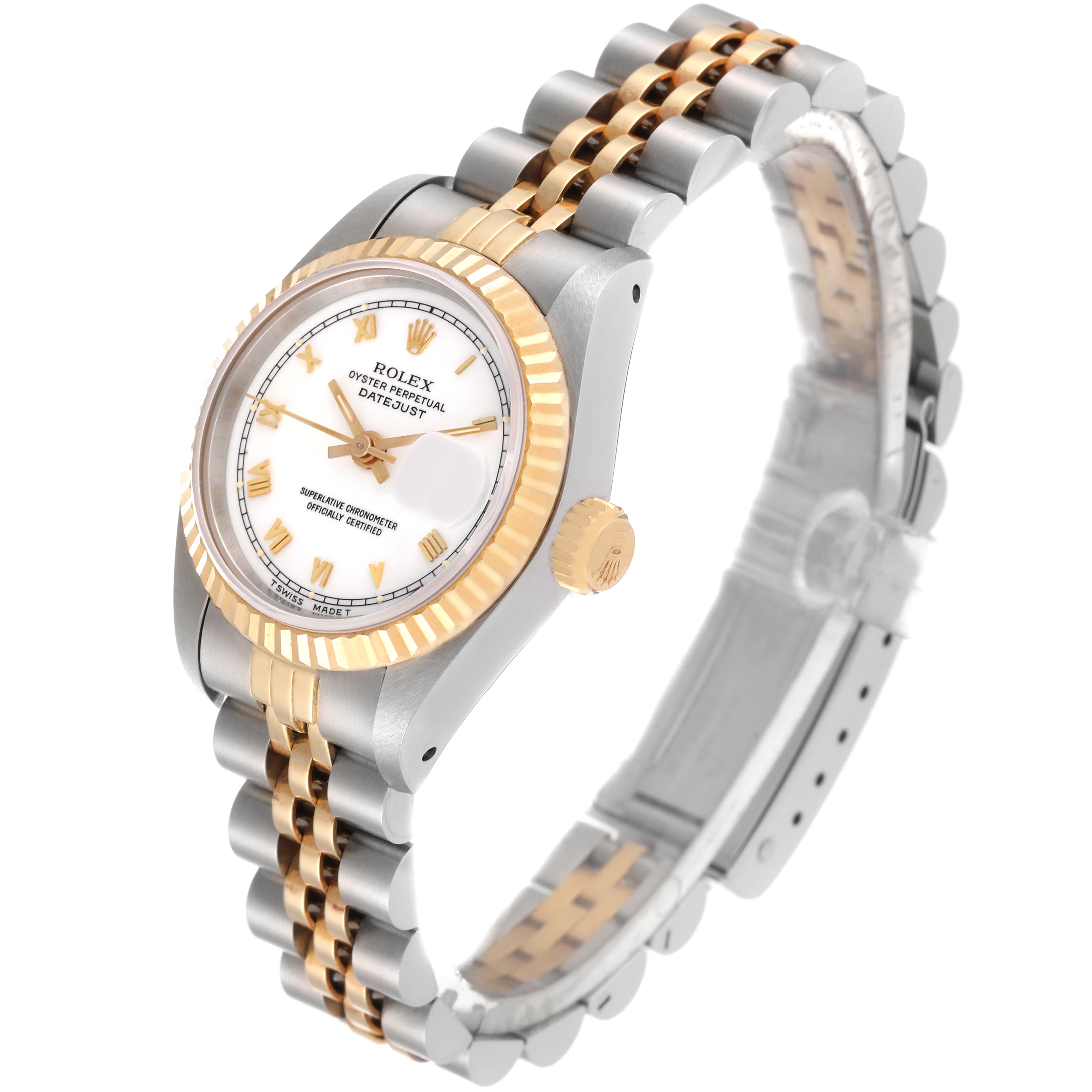 The image shows a side-angle view of a Rolex Datejust 69173 Women's Steel and Gold (two tone) White Dial 69173 Women's Steel and Gold (two tone) White Dial watch, highlighting the bezel, dial, crown, and two-tone bracelet.