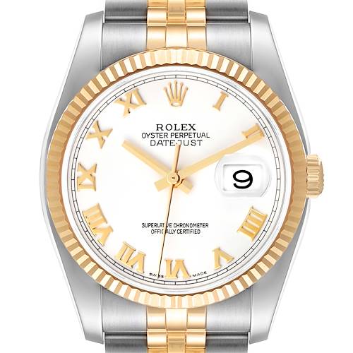 Photo of Rolex Datejust Steel Yellow Gold White Roman Dial Mens Watch 116233 Box Papers