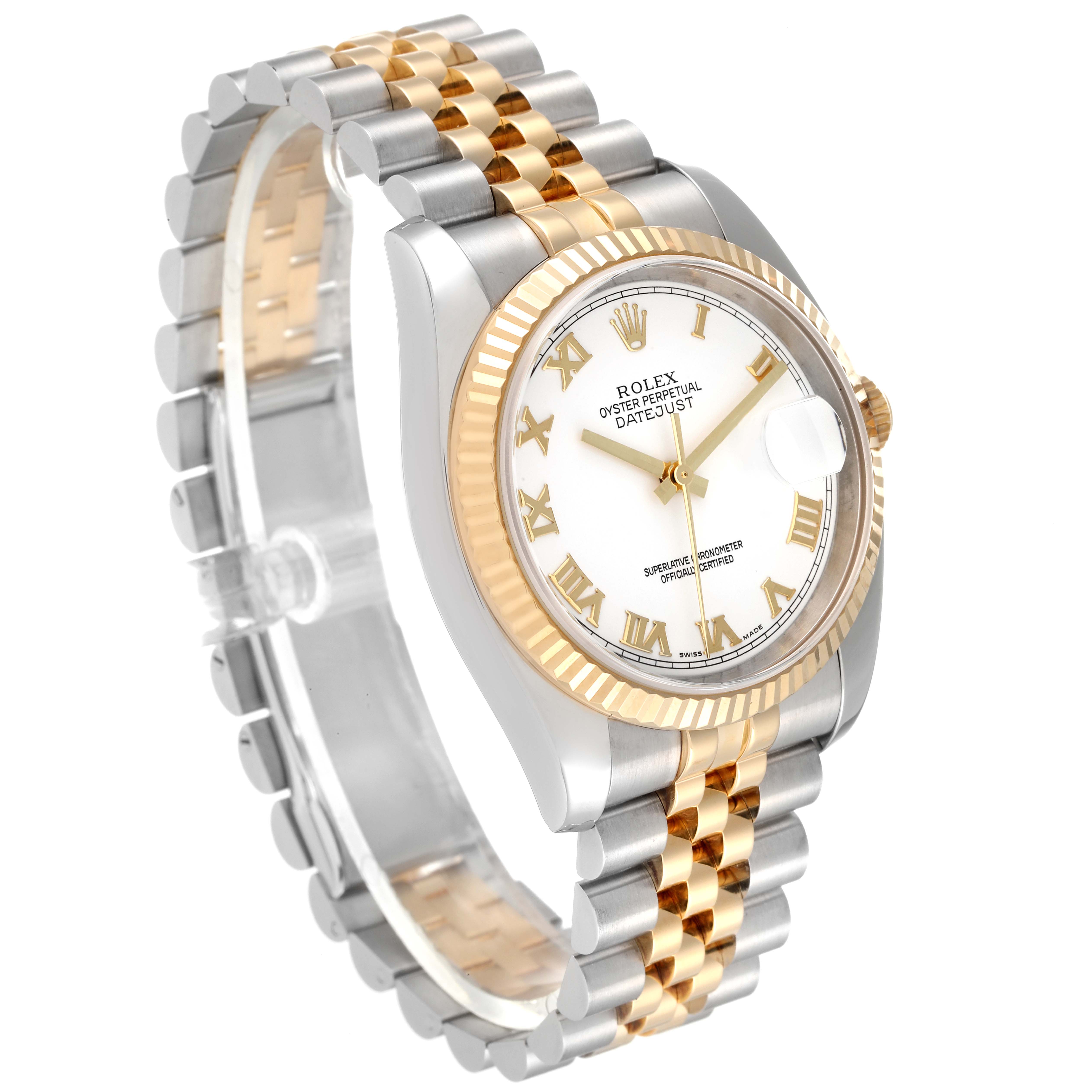The image shows a side angle of a Rolex Datejust 116233 Men's Steel and Gold (two tone) White Dial 116233 Men's Steel and Gold (two tone) White Dial watch, highlighting its two-tone band and fluted bezel.