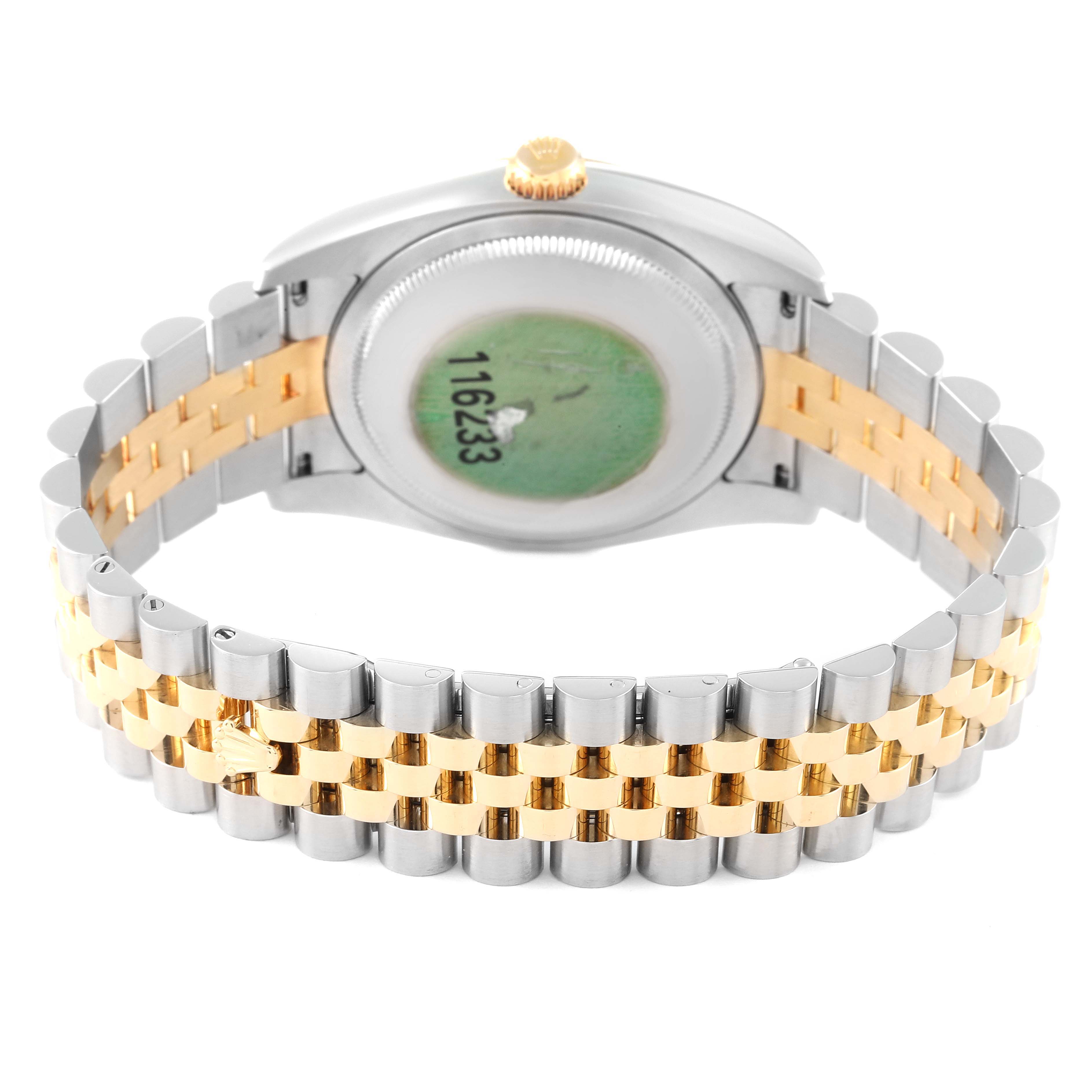 This image shows the back view of a Rolex Datejust 116233 Men's Steel and Gold (two tone) White Dial 116233 Men's Steel and Gold (two tone) White Dial watch, highlighting its two-tone bracelet and case back.