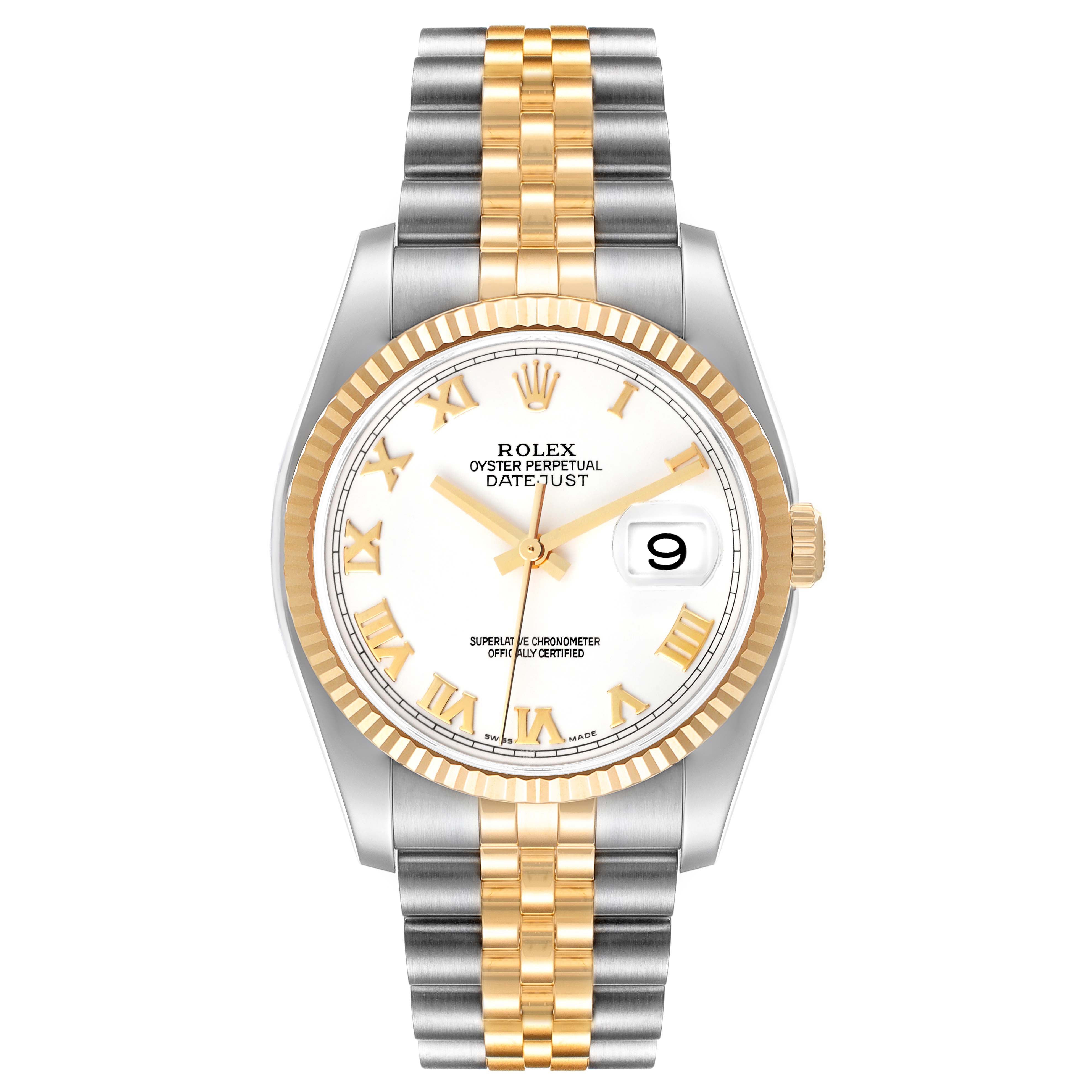 The Rolex Datejust 116233 Men's Steel and Gold (two tone) White Dial 116233 Men's Steel and Gold (two tone) White Dial watch is shown from a front angle, featuring a two-tone bracelet, white dial, gold Roman numerals, and date window.