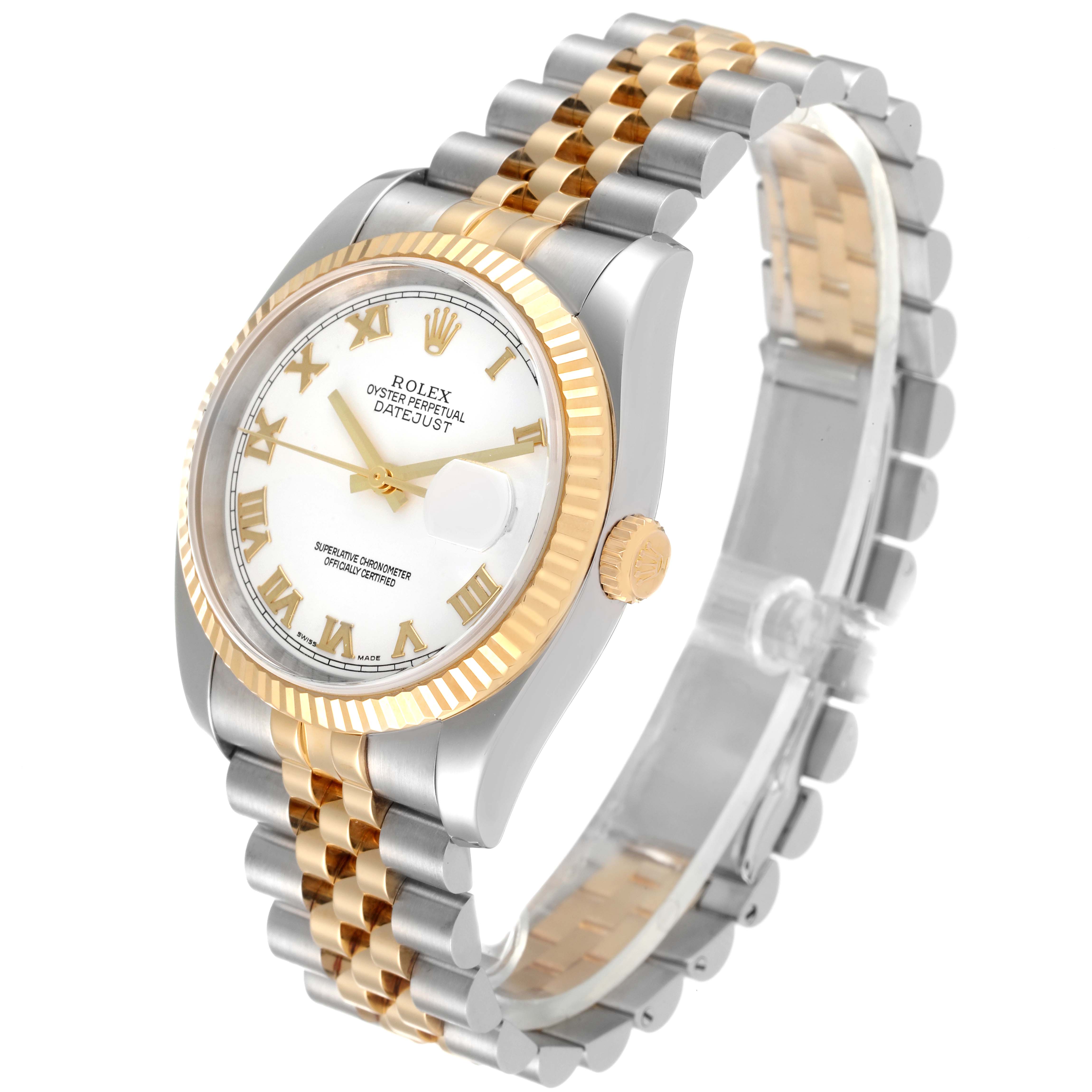 The image shows a close-up angle of a Rolex Datejust 116233 Men's Steel and Gold (two tone) White Dial 116233 Men's Steel and Gold (two tone) White Dial watch, highlighting its face, bezel, and two-tone bracelet.