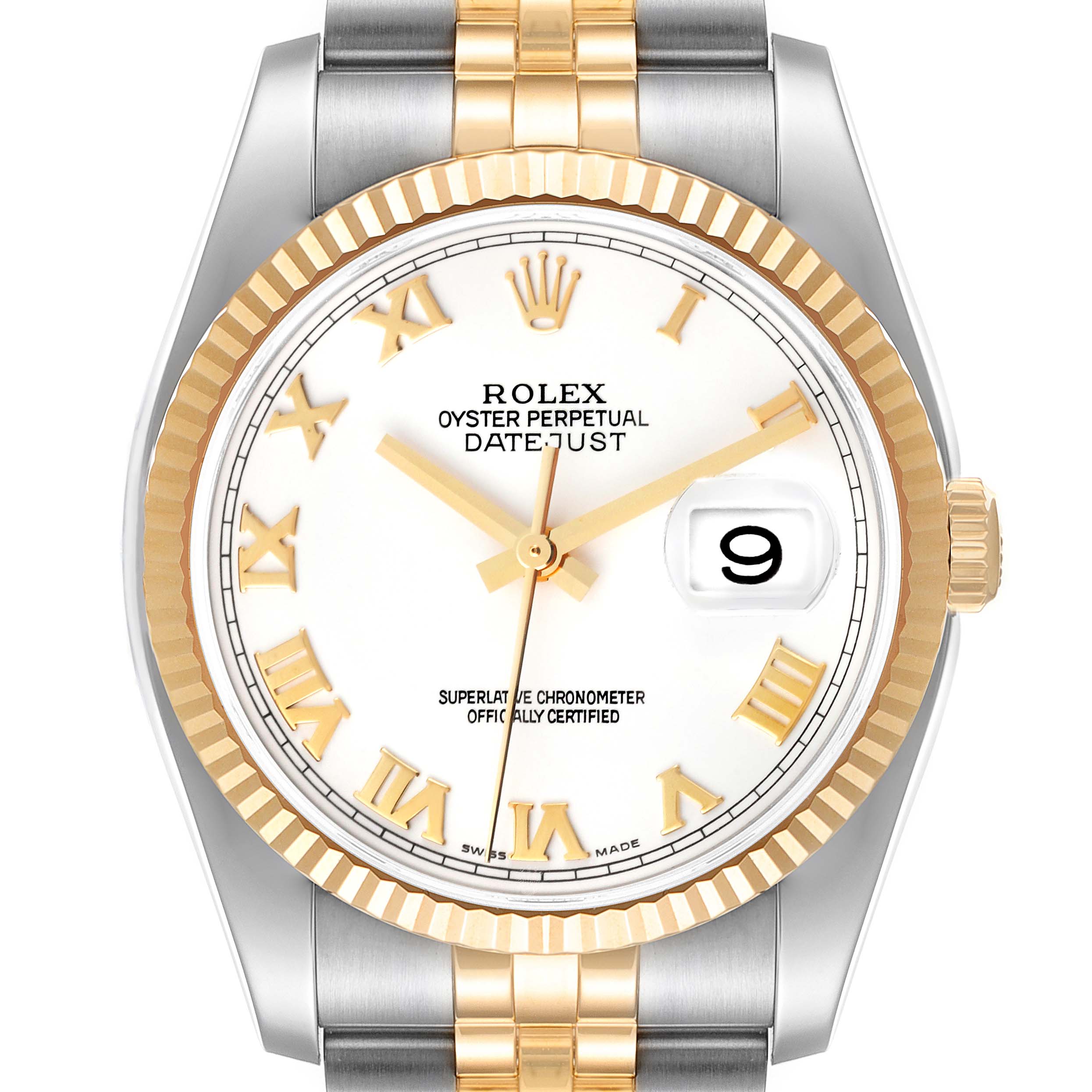 The image shows a front view of a Rolex Datejust 116233 Men's Steel and Gold (two tone) White Dial 116233 Men's Steel and Gold (two tone) White Dial watch, highlighting the dial, bezel, and part of the bracelet.