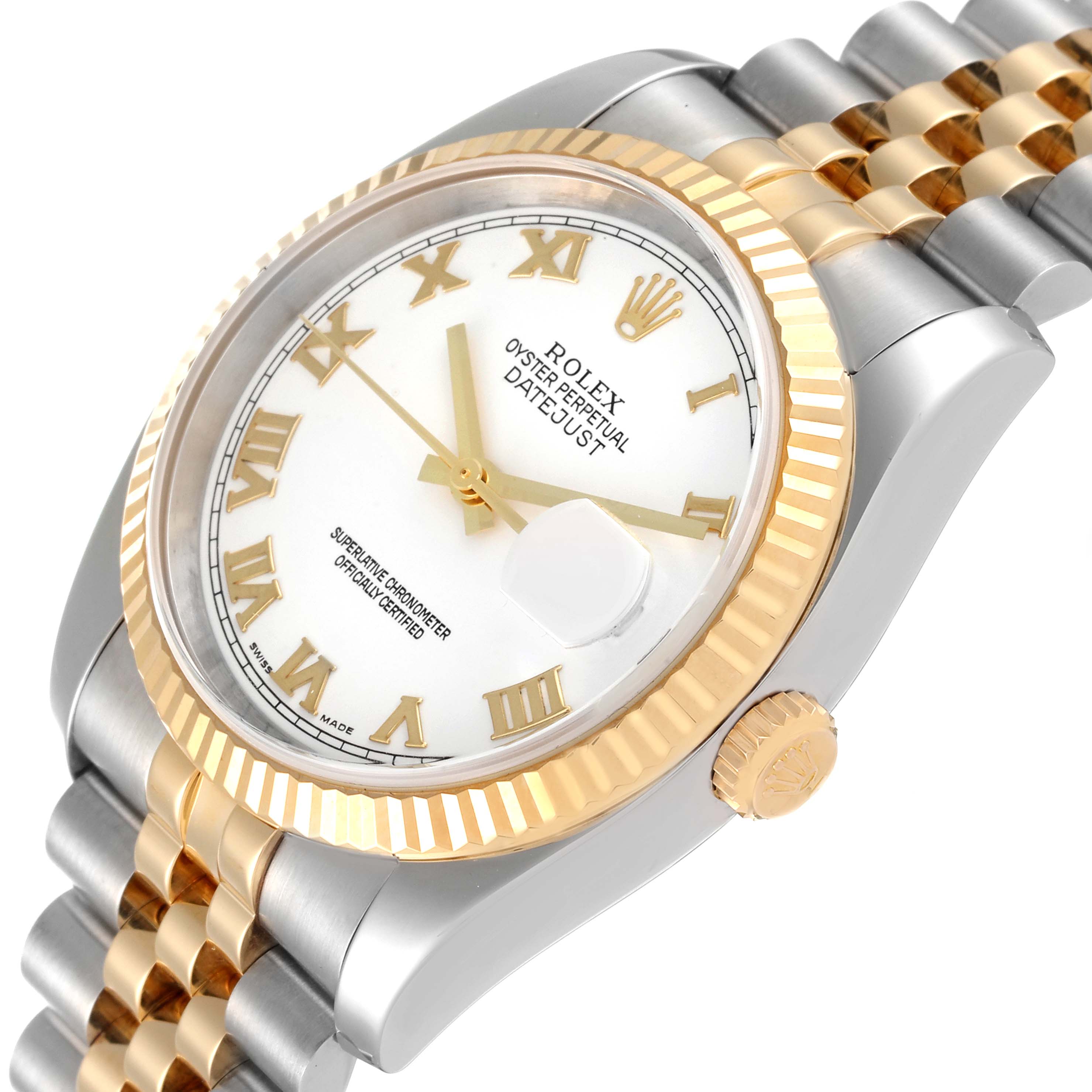 This image features a Rolex Datejust 116233 Men's Steel and Gold (two tone) White Dial 116233 Men's Steel and Gold (two tone) White Dial watch at an angled side view, showing the dial, fluted bezel, crown, and two-tone bracelet.