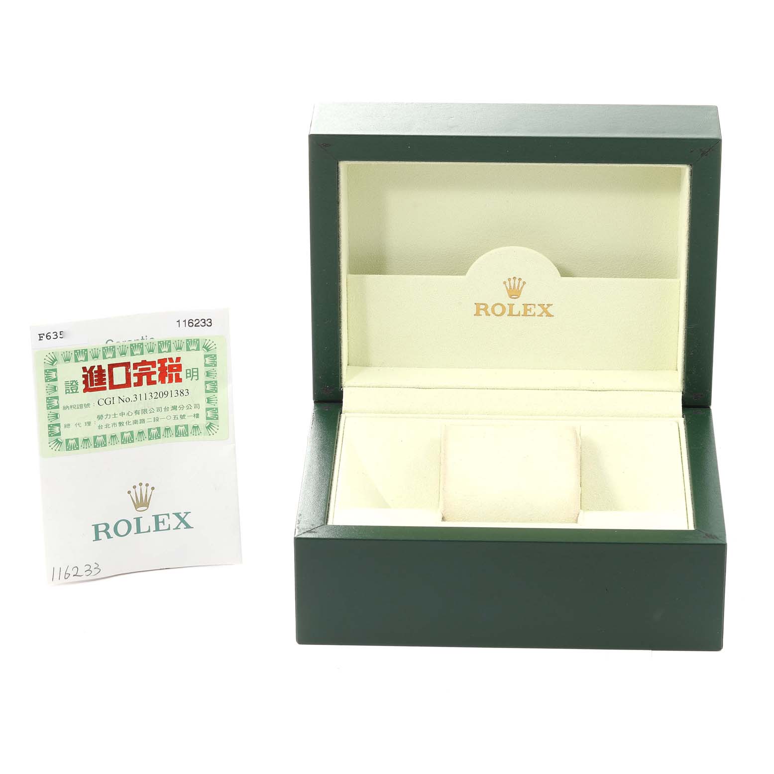 The image shows an open green Rolex Datejust 116233 Men's Steel and Gold (two tone) White Dial 116233 Men's Steel and Gold (two tone) White Dial watch box and an authentication card.