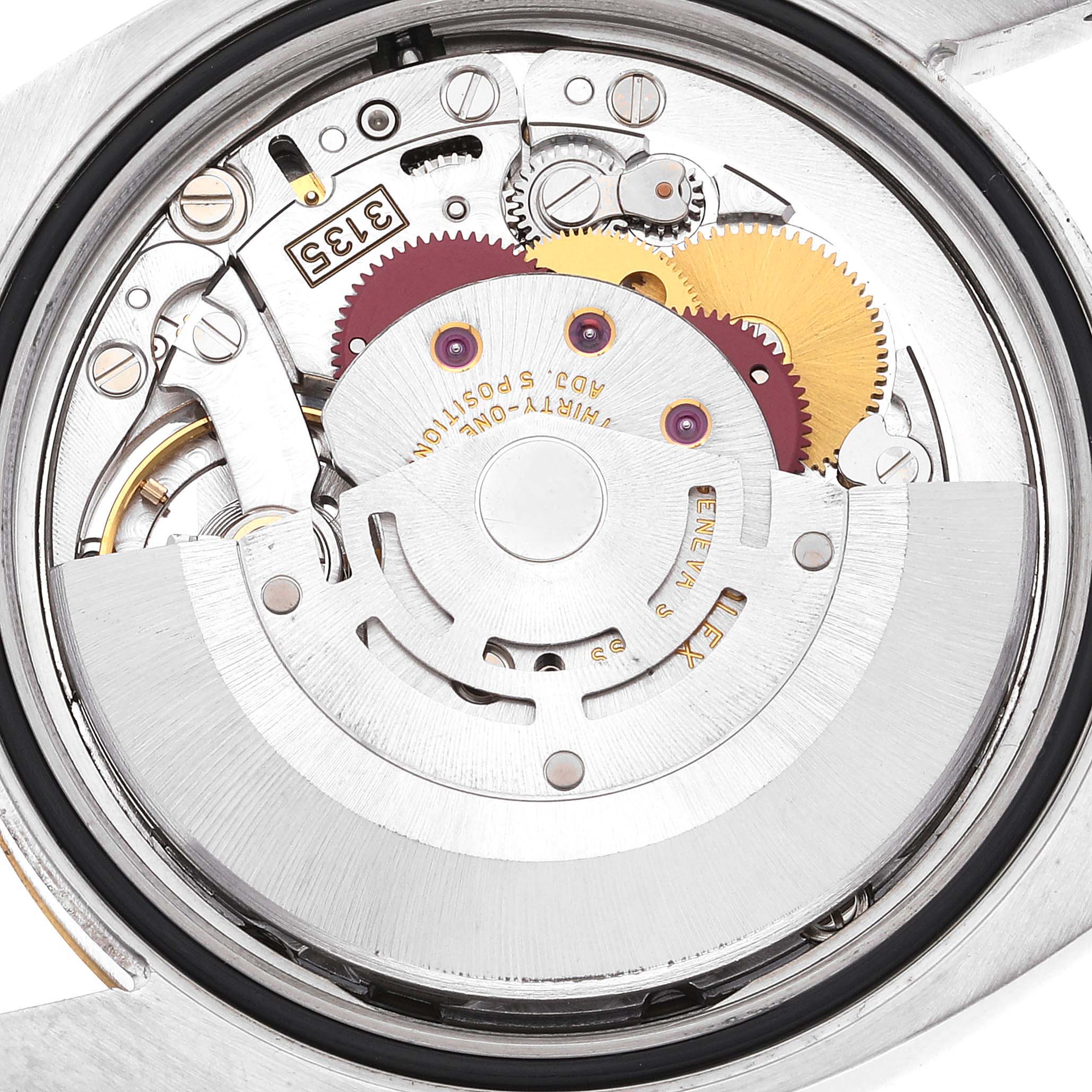This image shows the internal mechanical movement of a Rolex Datejust 116233 Men's Steel and Gold (two tone) White Dial 116233 Men's Steel and Gold (two tone) White Dial watch, viewed from the back.