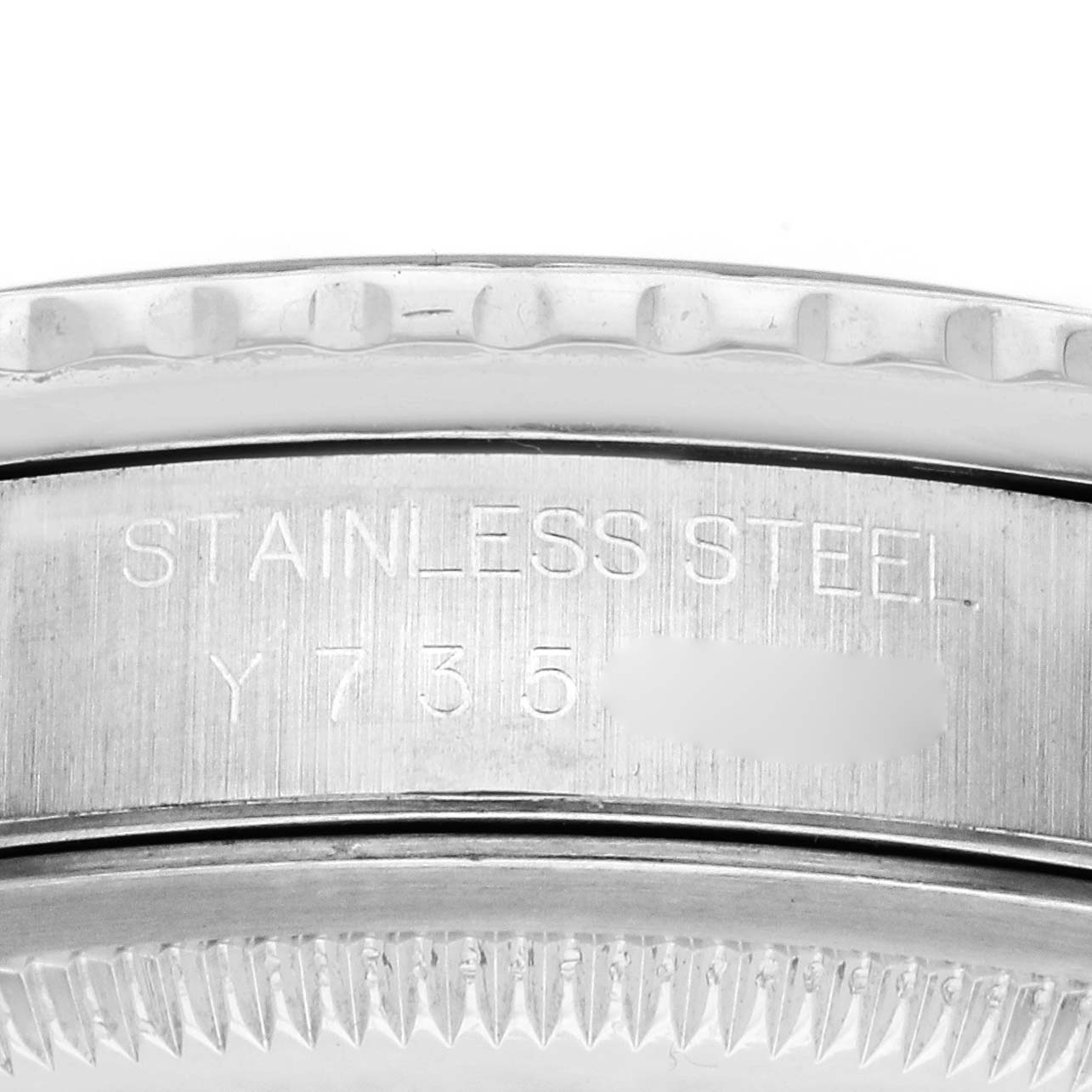 The image shows a close-up of the stainless steel case side with engravings on a Rolex Datejust 16264 Men's Stainless Steel Silver Dial 16264 Men's Stainless Steel Silver Dial watch.