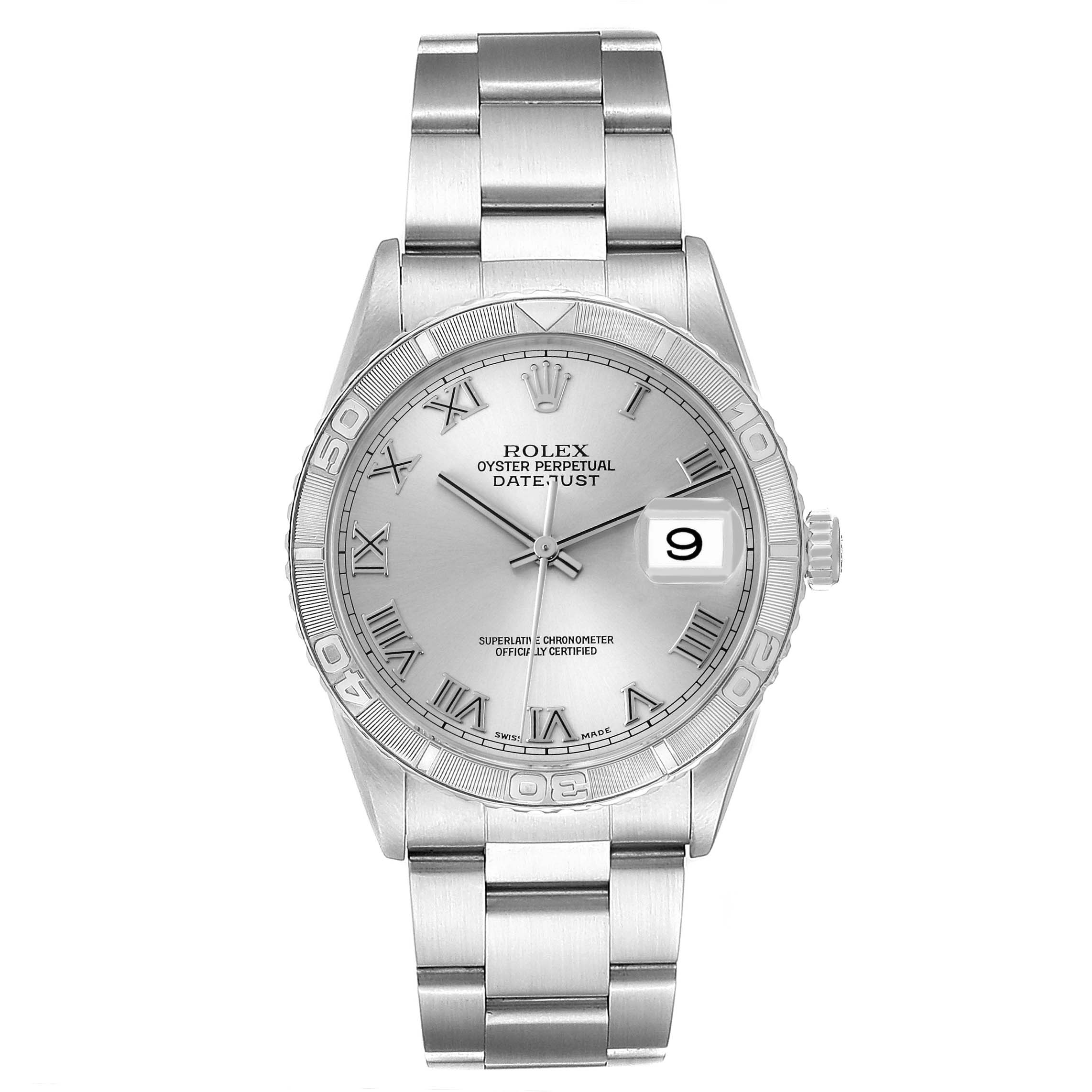The Rolex Datejust 16264 Men's Stainless Steel Silver Dial 16264 Men's Stainless Steel Silver Dial watch is shown from the front, displaying the face, bezel, bracelet, and crown.