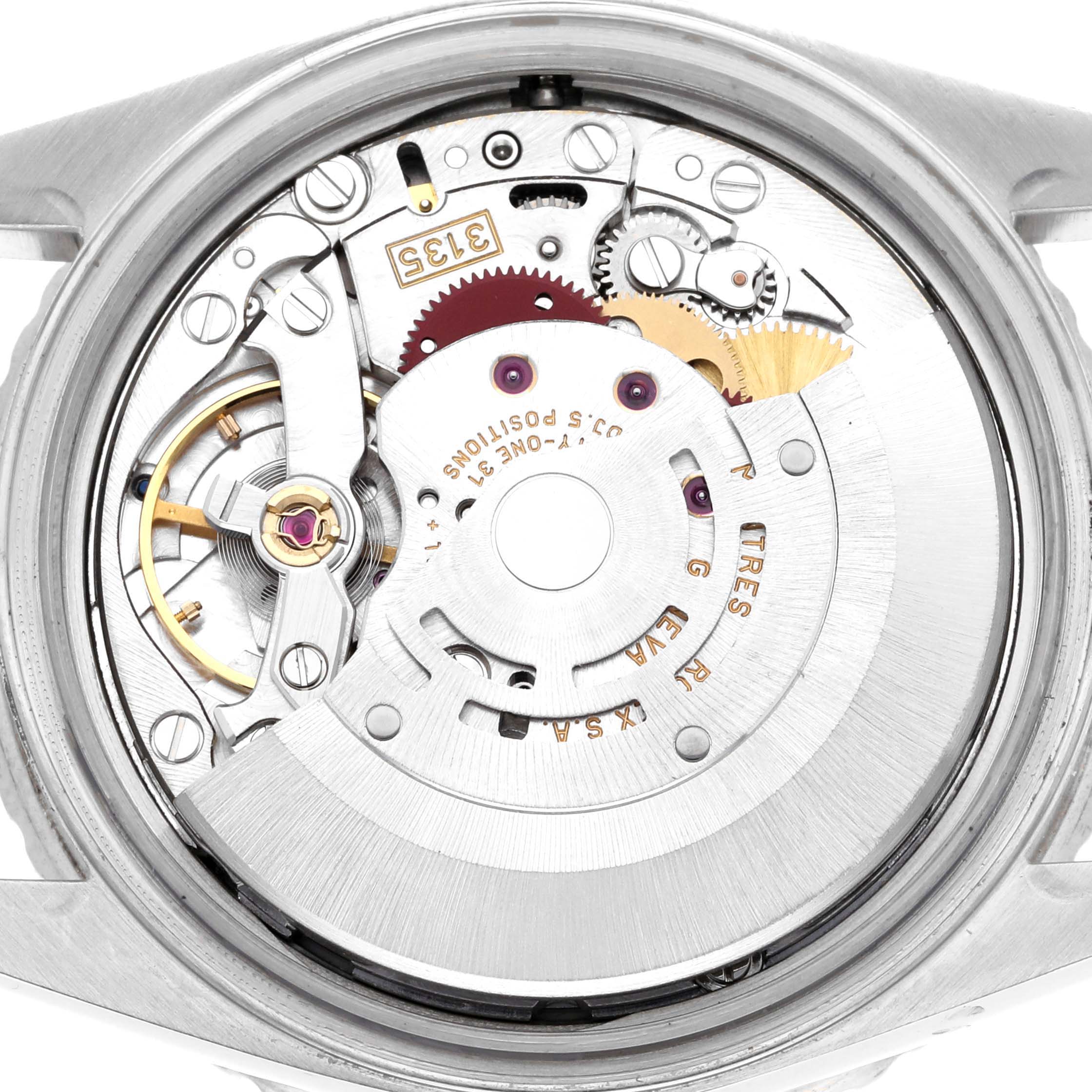 The image shows the movement of a Rolex Datejust 16264 Men's Stainless Steel Silver Dial 16264 Men's Stainless Steel Silver Dial watch from the back, highlighting its internal mechanics.