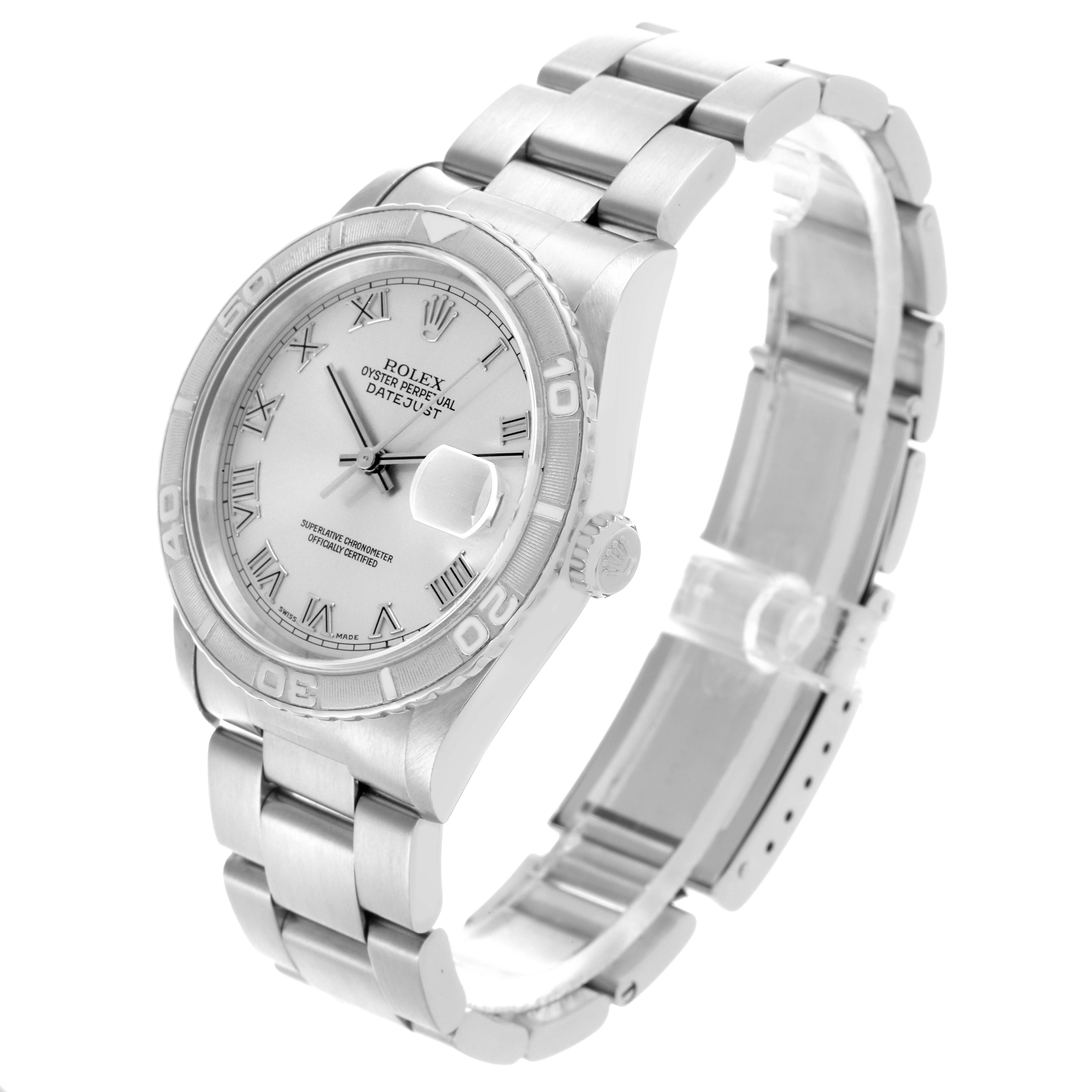 The Rolex Datejust 16264 Men's Stainless Steel Silver Dial 16264 Men's Stainless Steel Silver Dial watch is shown at a three-quarter angle, displaying the face, bezel, crown, and bracelet.