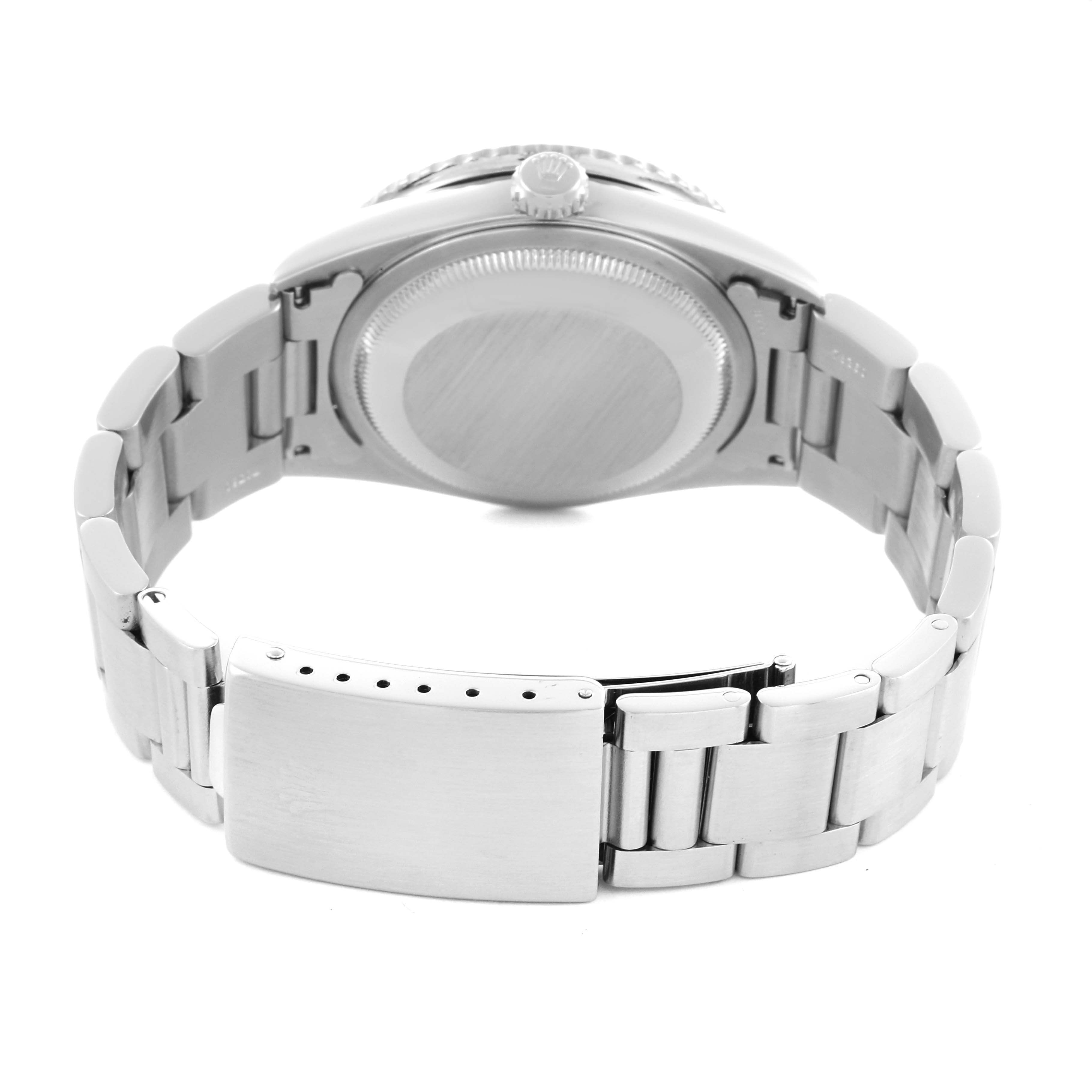 The image shows the back case and bracelet of a Rolex Datejust 16264 Men's Stainless Steel Silver Dial 16264 Men's Stainless Steel Silver Dial watch, viewed from the rear.