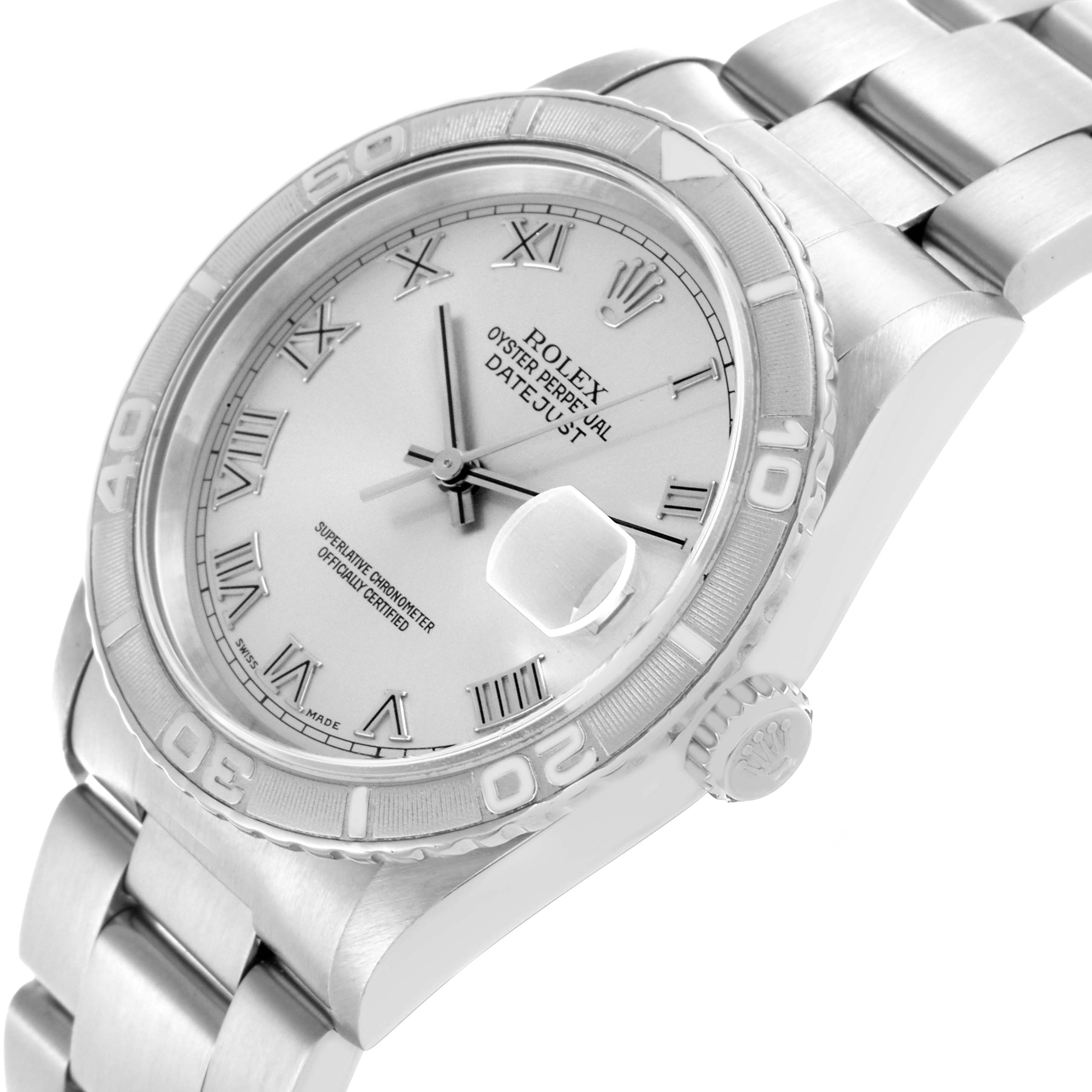 The Rolex Datejust 16264 Men's Stainless Steel Silver Dial 16264 Men's Stainless Steel Silver Dial watch is shown at an angled top view, highlighting the dial, bezel, and band.