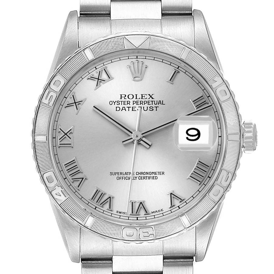 The watch is shown from a front angle, displaying the full face, bezel, and part of the bracelet of the Rolex Datejust.