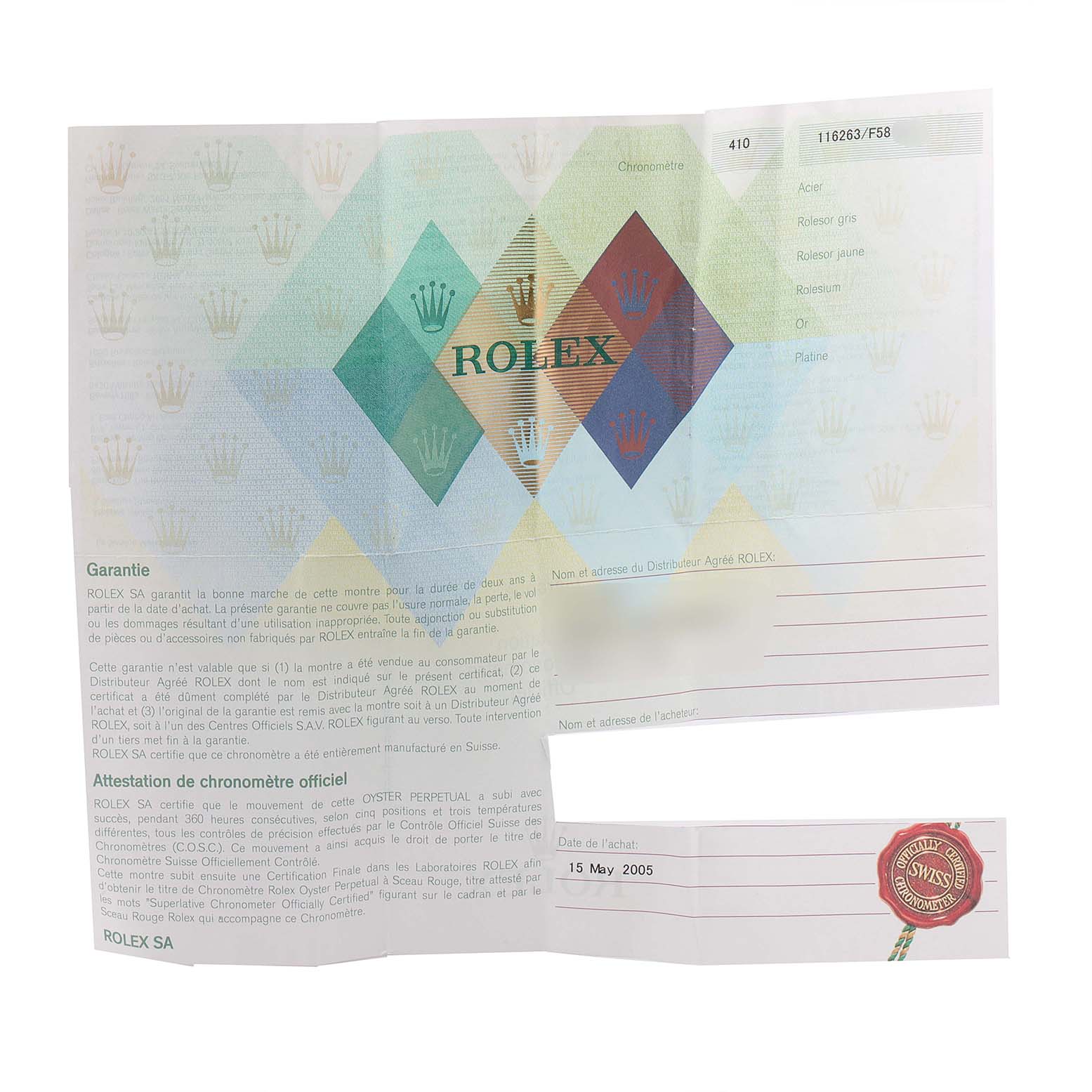 The image shows the warranty and chronometer certification documents for a Rolex Turn-o-Graph 116263 Men's Steel and Gold (two tone) Champagne Dial 116263 Men's Steel and Gold (two tone) Champagne Dial model watch.