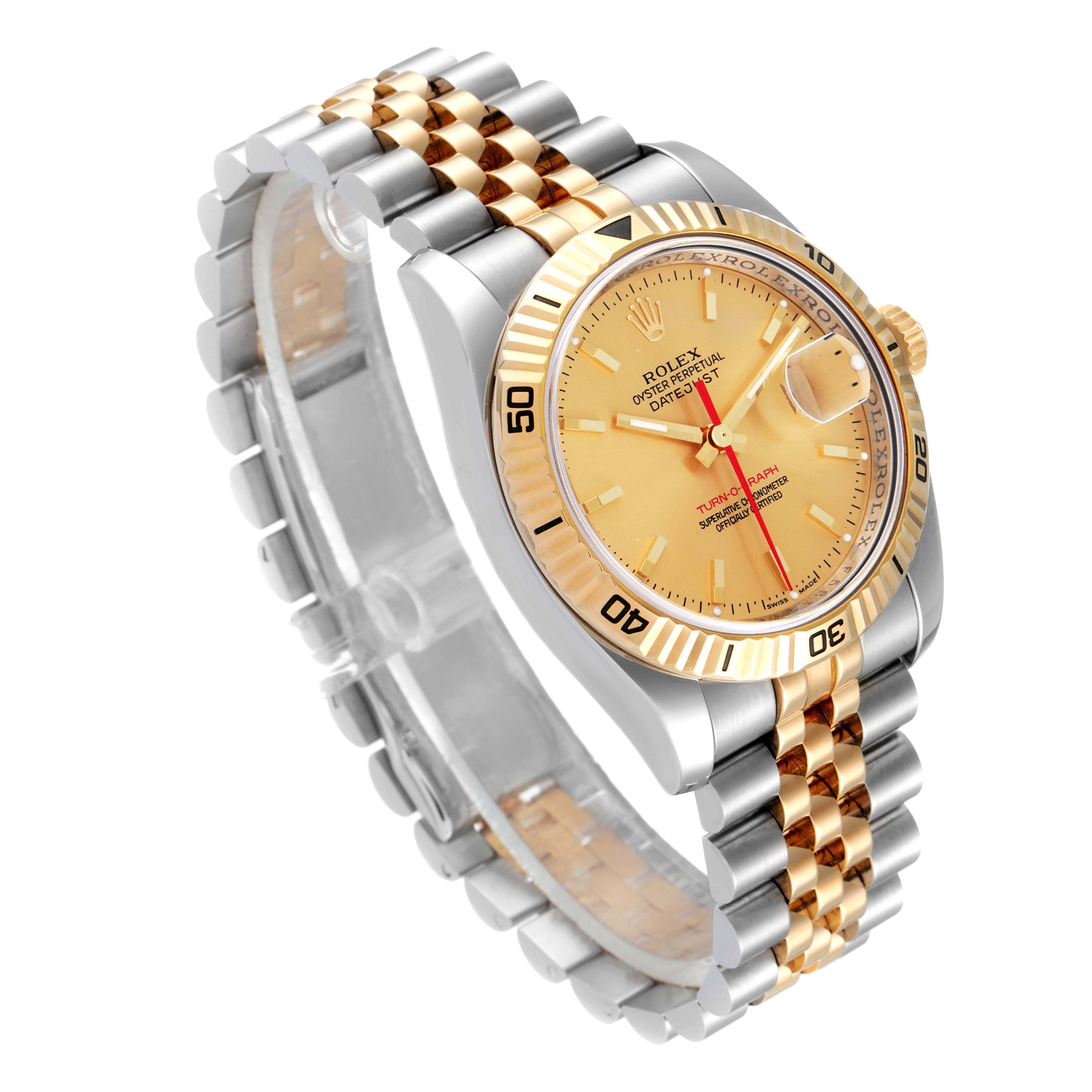 The image shows a Rolex Turn-o-Graph 116263 Men's Steel and Gold (two tone) Champagne Dial 116263 Men's Steel and Gold (two tone) Champagne Dial model from a three-quarter angle, displaying the watch face, bezel, case, and bracelet.