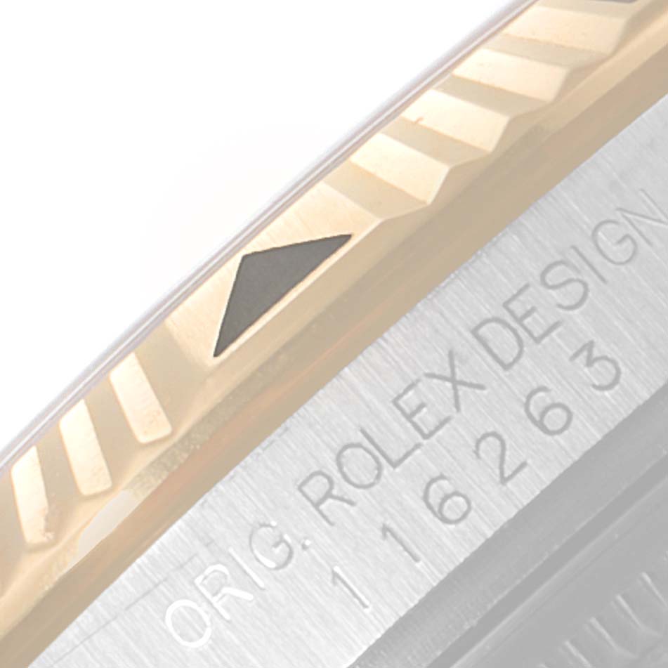 Close-up of the bezel and case side, showing the fluted bezel and engraved design number of the Rolex Turn-o-Graph 116263 Men's Steel and Gold (two tone) Champagne Dial 116263 Men's Steel and Gold (two tone) Champagne Dial watch.