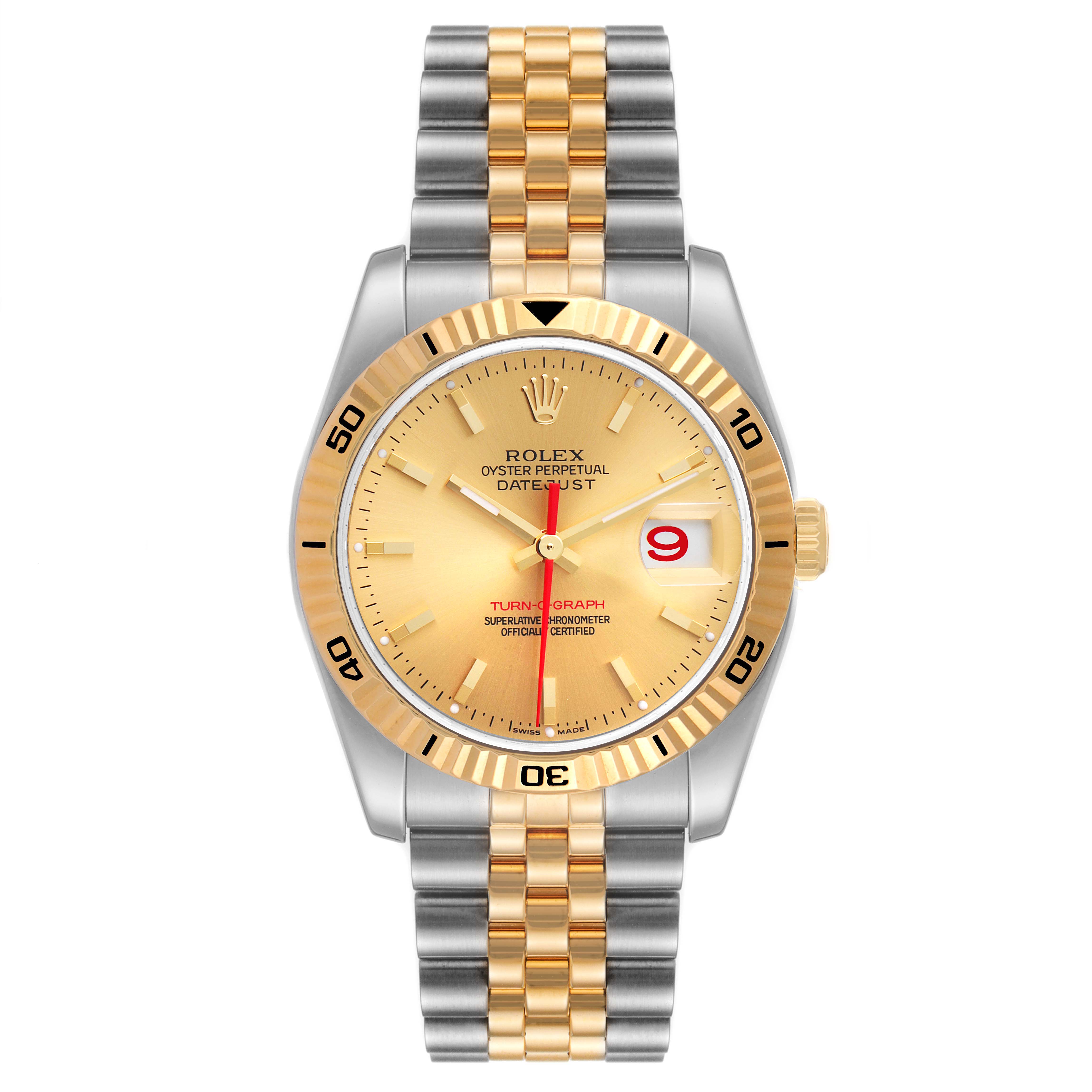 This Rolex Turn-o-Graph 116263 Men's Steel and Gold (two tone) Champagne Dial 116263 Men's Steel and Gold (two tone) Champagne Dial watch is shown from a front angle, displaying the face, bezel, crown, and two-tone bracelet.