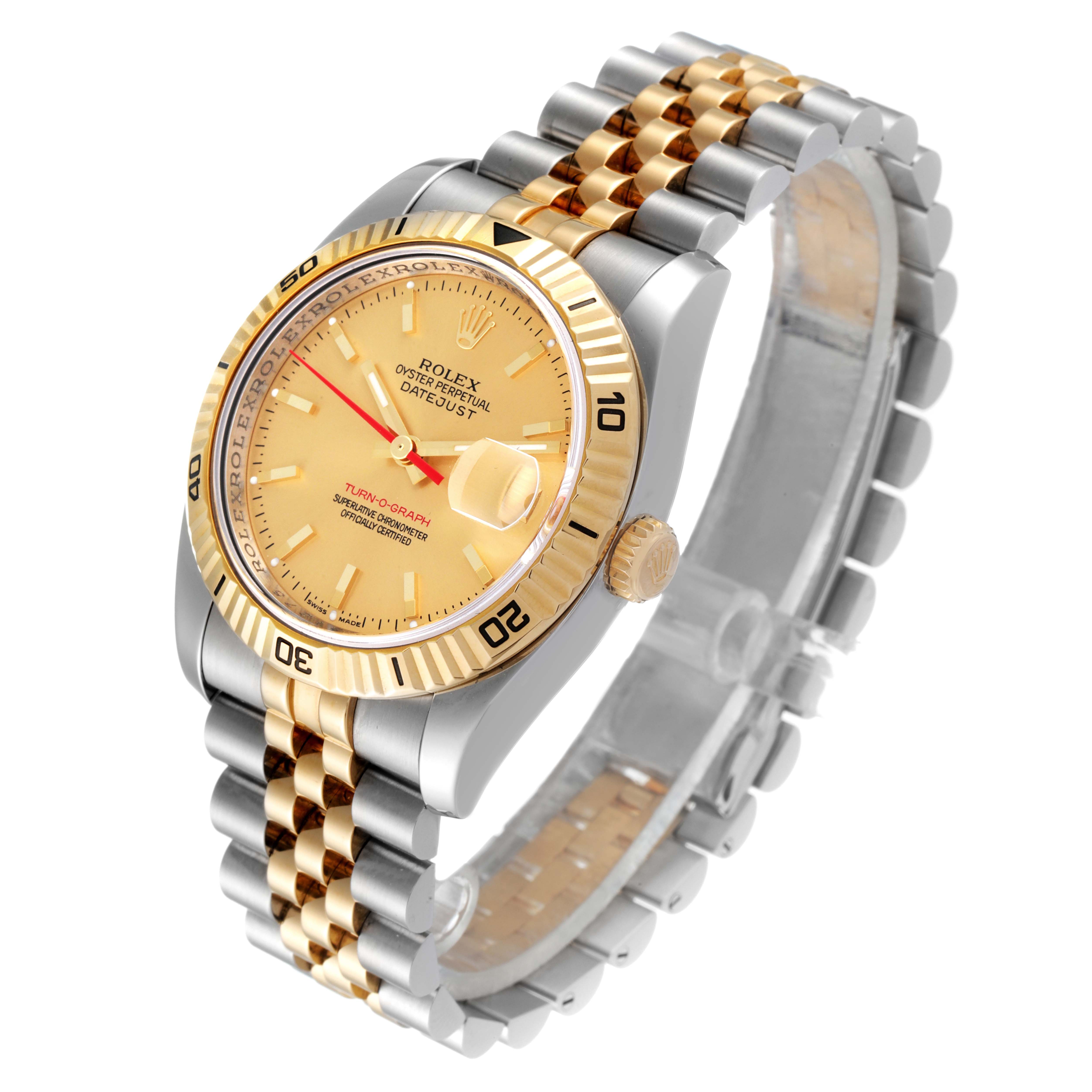 The image shows a Rolex Turn-o-Graph 116263 Men's Steel and Gold (two tone) Champagne Dial 116263 Men's Steel and Gold (two tone) Champagne Dial watch angled from the front-left, highlighting the gold bezel, dial, and two-tone bracelet.