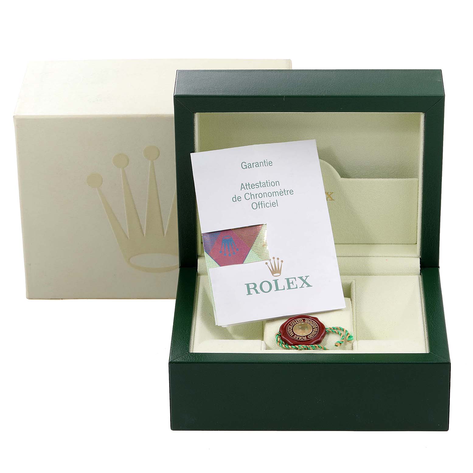 The image shows the packaging box and accessories, including a guarantee card, of a Rolex Turn-o-Graph 116263 Men's Steel and Gold (two tone) Champagne Dial 116263 Men's Steel and Gold (two tone) Champagne Dial watch.